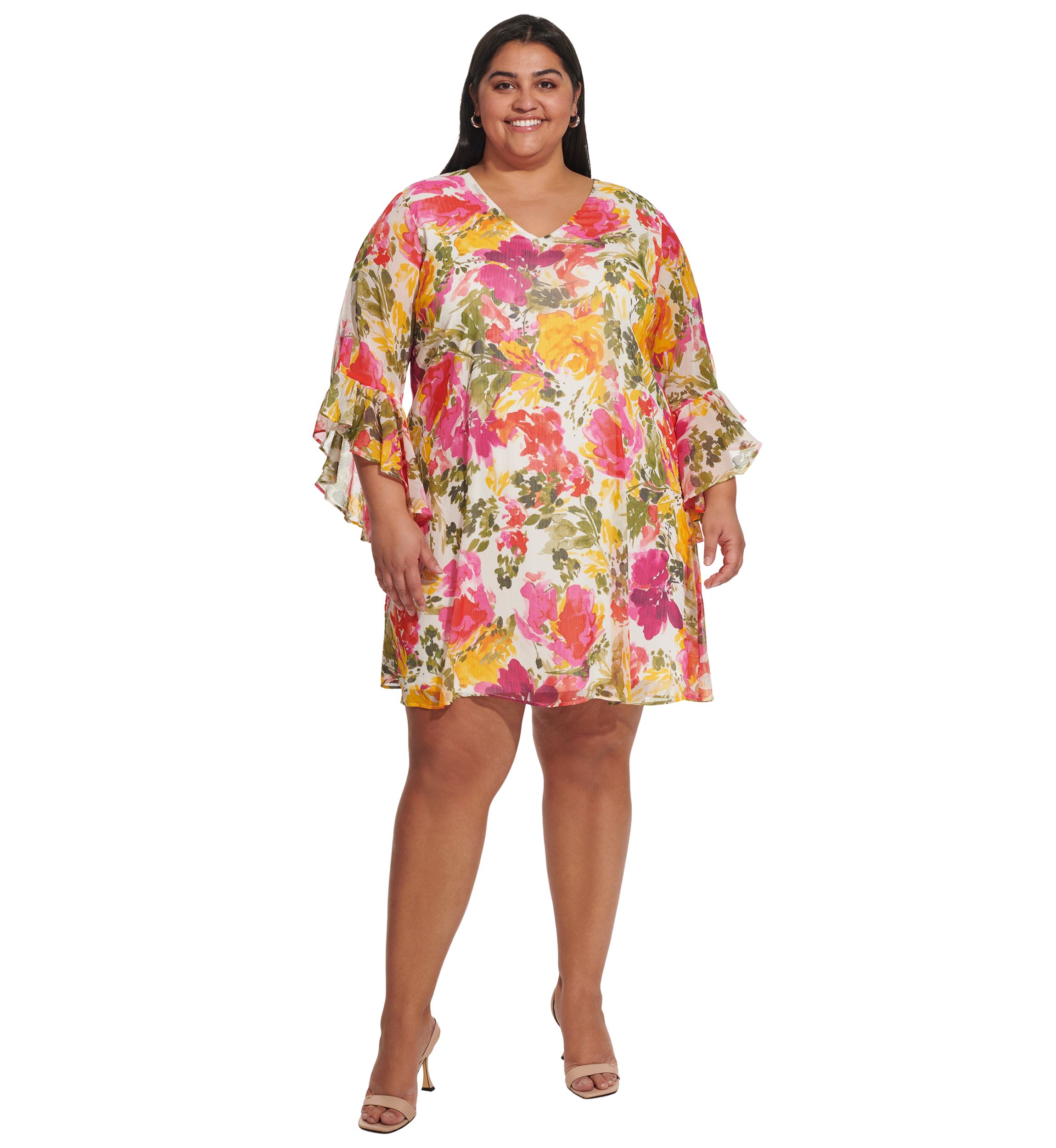 Plus Size Bell Sleeve Floral A-Line Dress