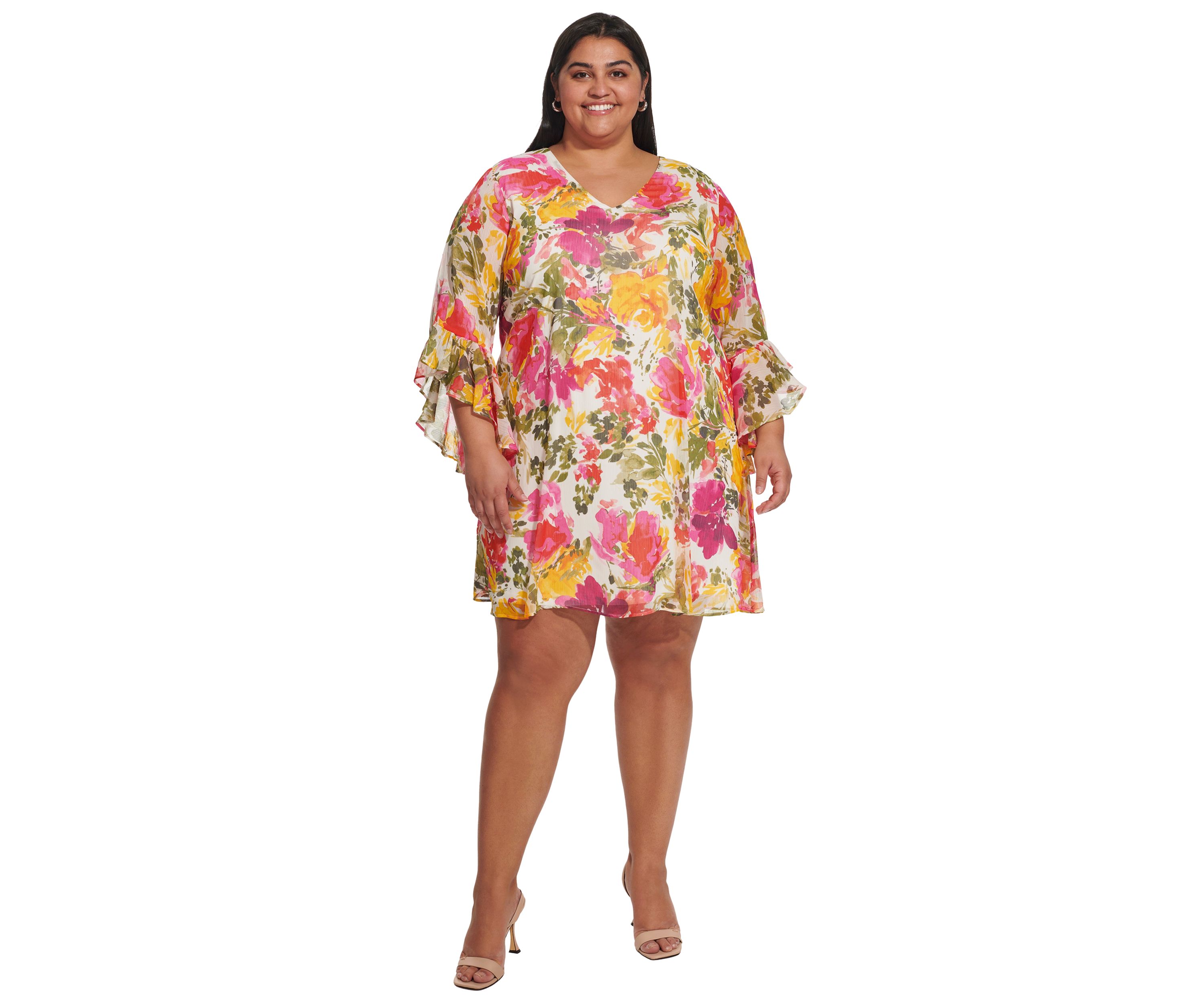 Plus Size Bell Sleeve Floral A-Line Dress