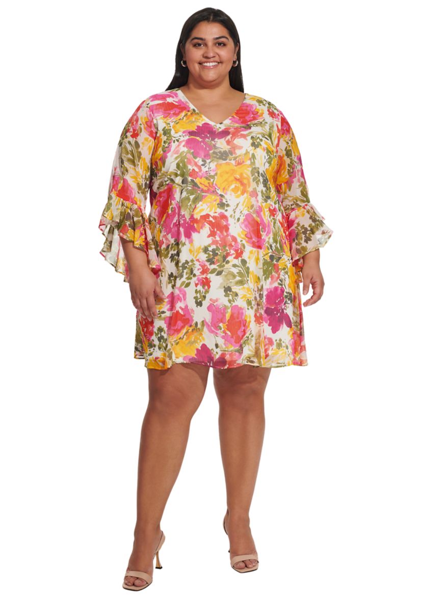 Plus Size Bell Sleeve Floral A-Line Dress