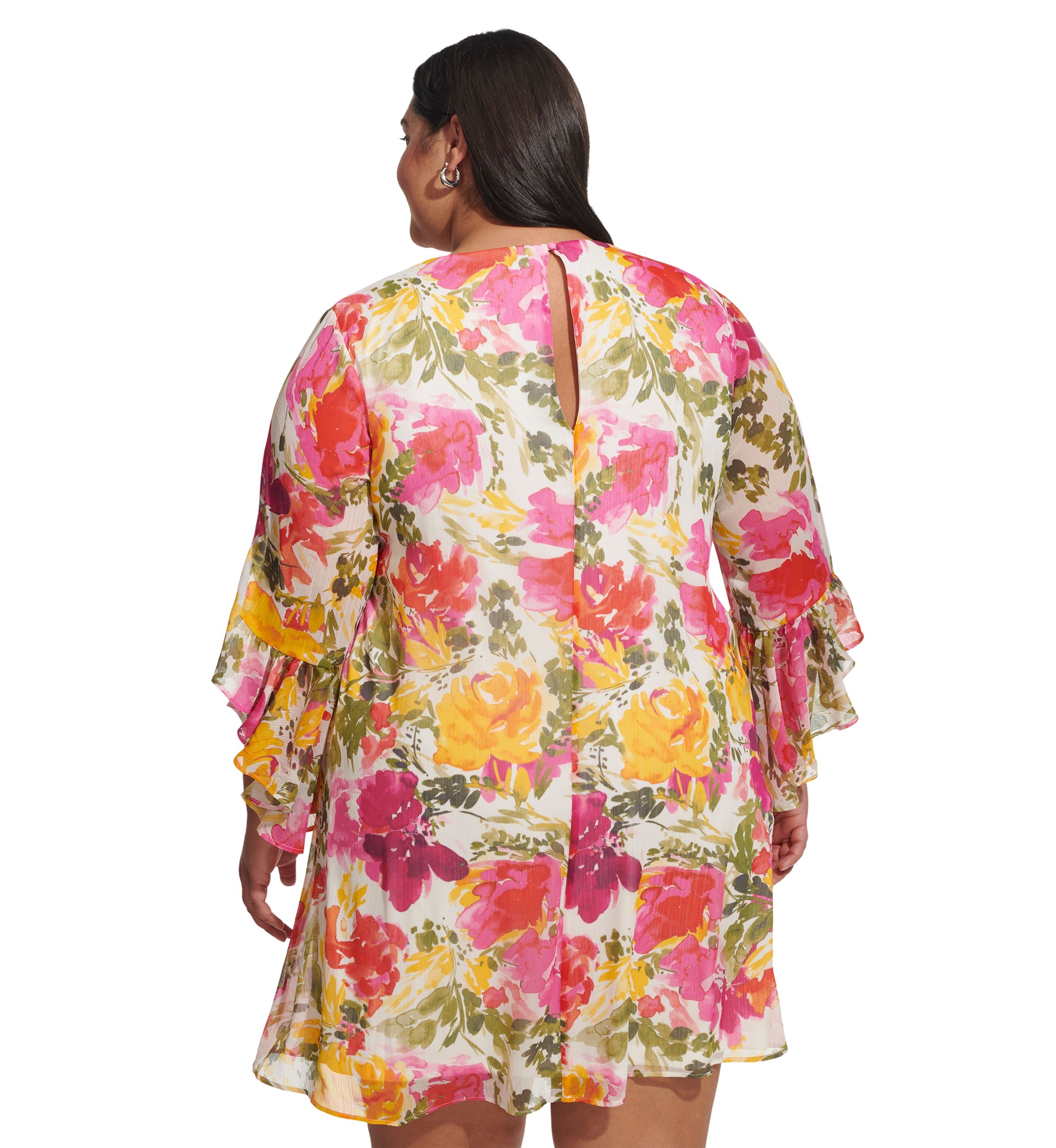 Plus Size Bell Sleeve Floral A-Line Dress
