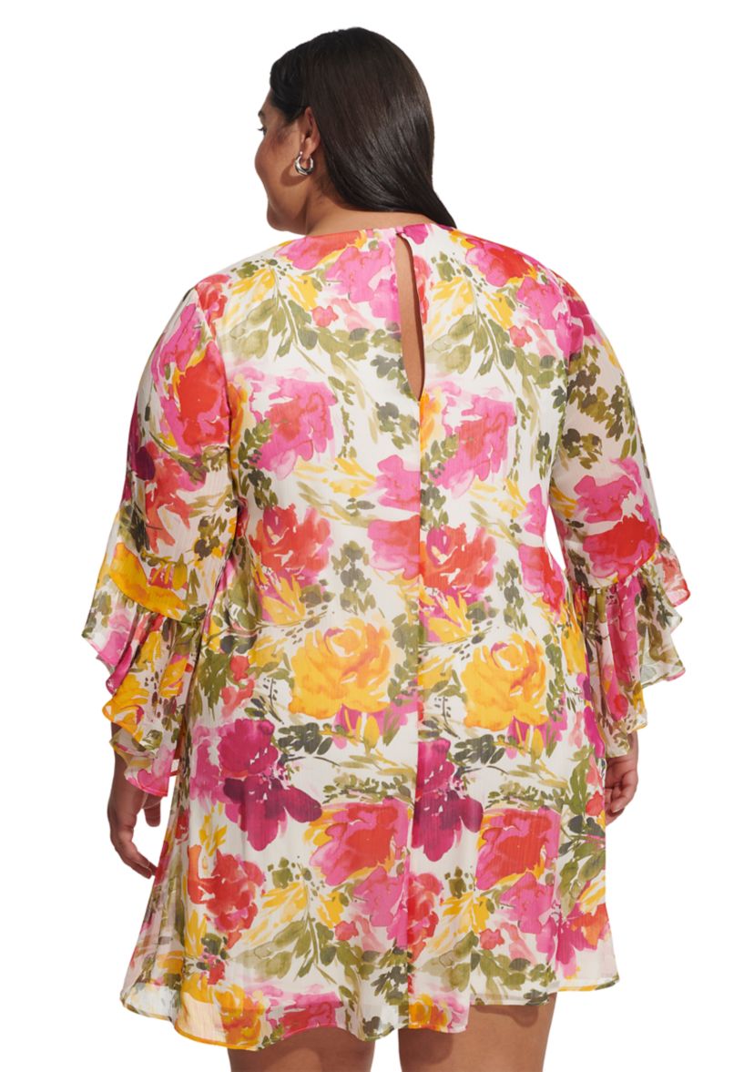 Plus Size Bell Sleeve Floral A-Line Dress