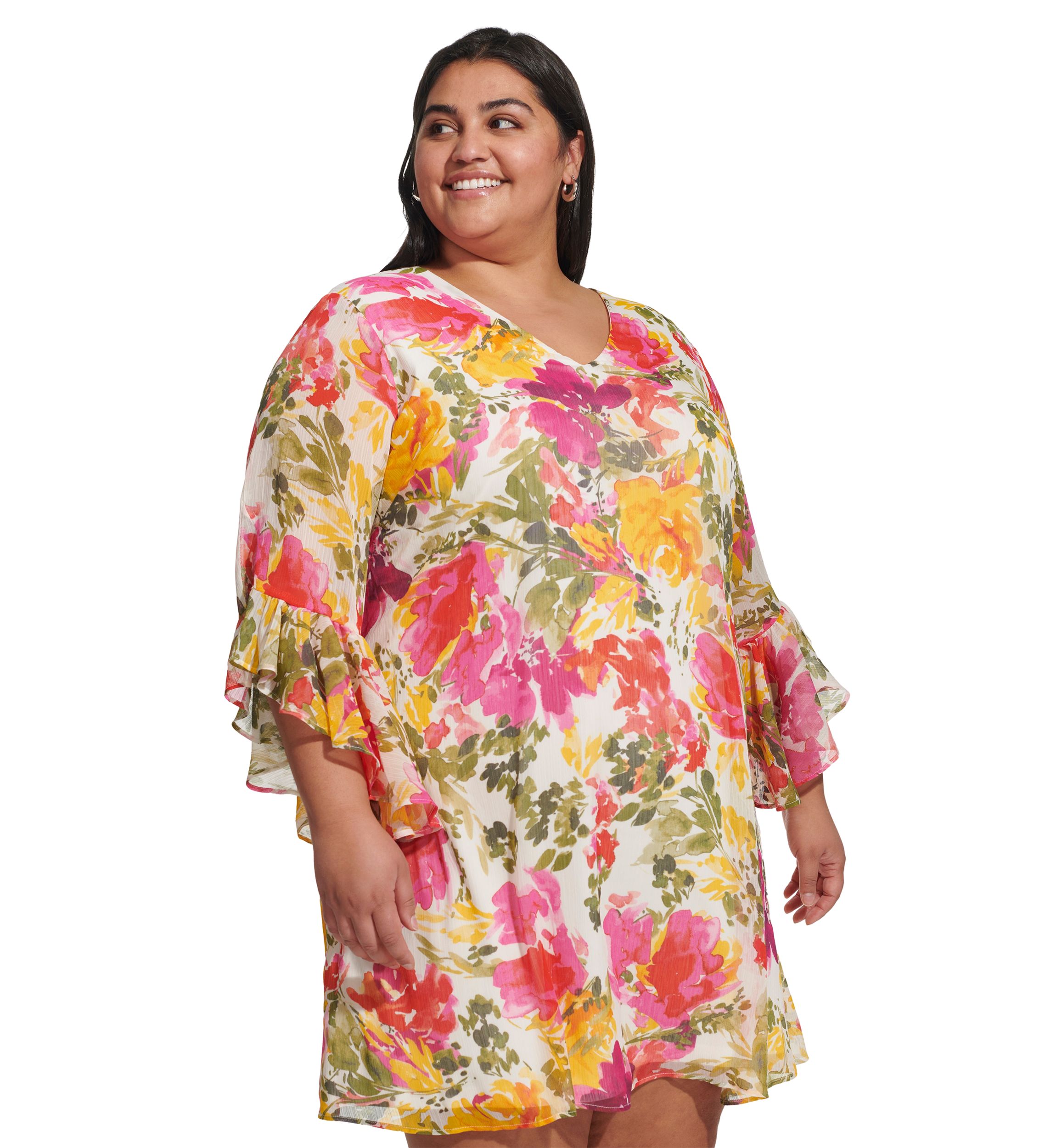 Plus Size Bell Sleeve Floral A-Line Dress