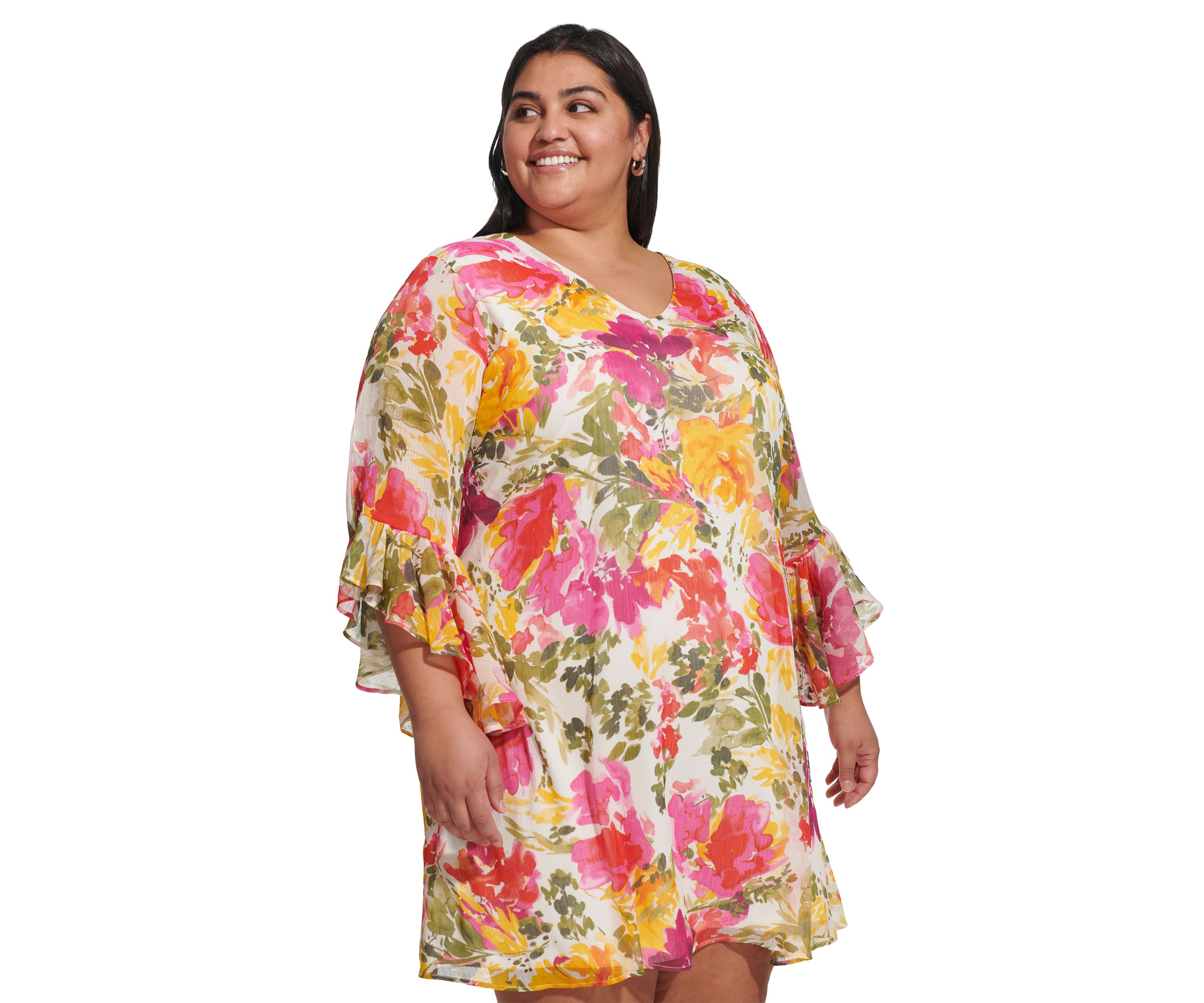 Plus Size Bell Sleeve Floral A-Line Dress