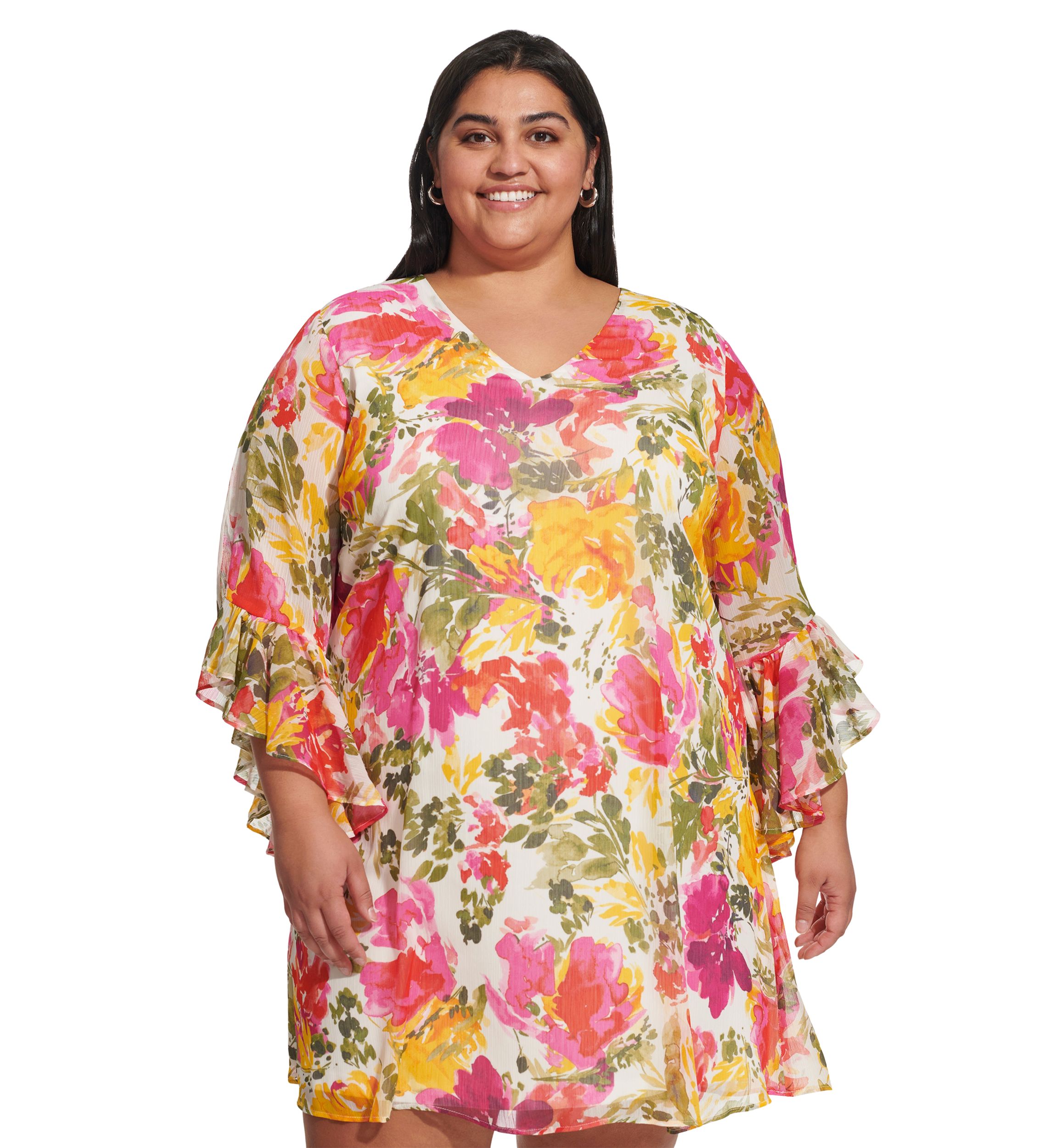 Plus Size Bell Sleeve Floral A-Line Dress