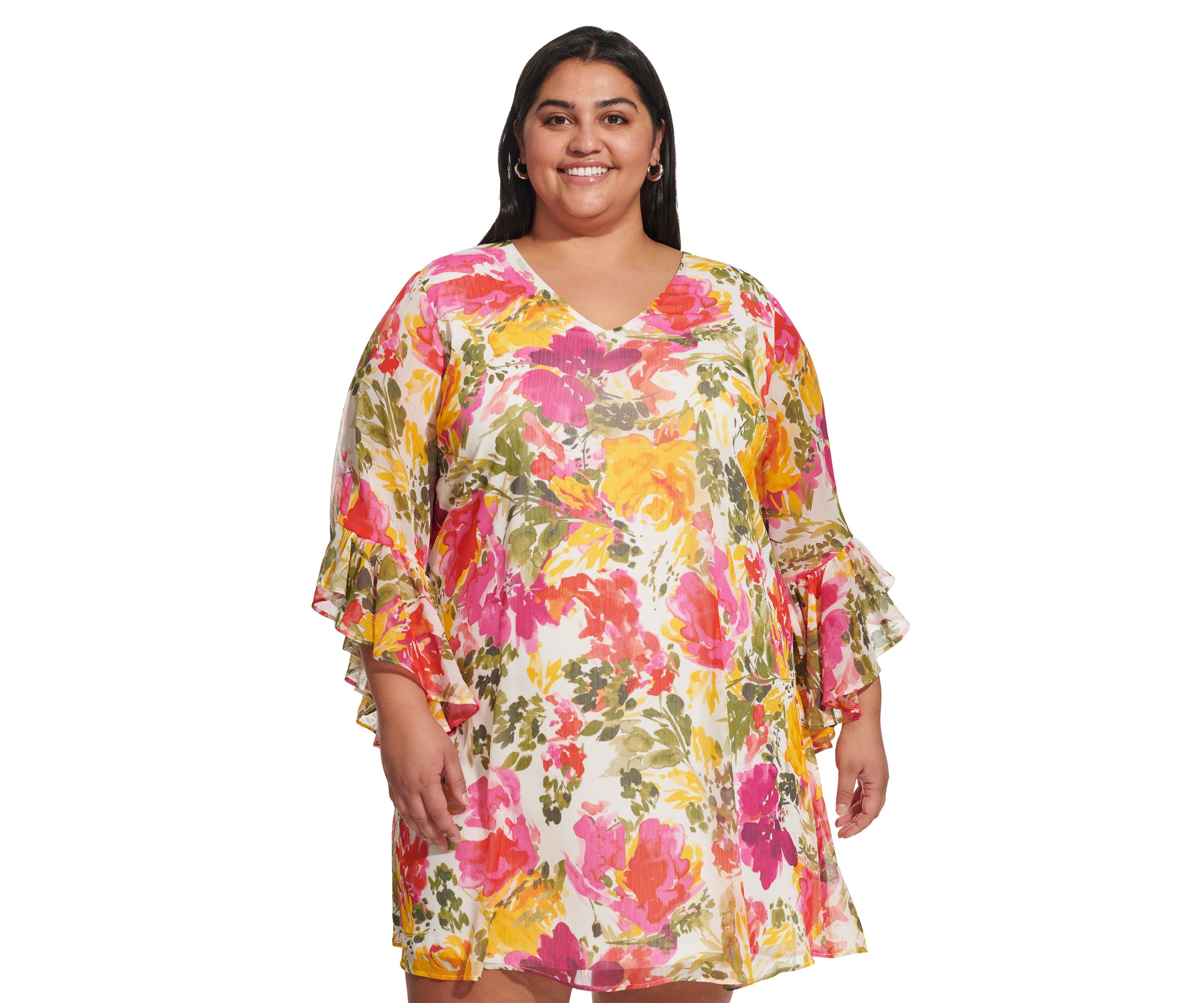 Plus Size Bell Sleeve Floral A-Line Dress