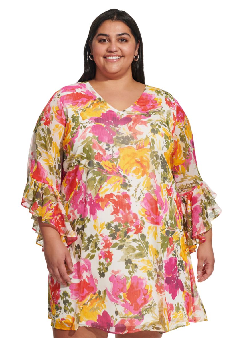 Plus Size Bell Sleeve Floral A-Line Dress