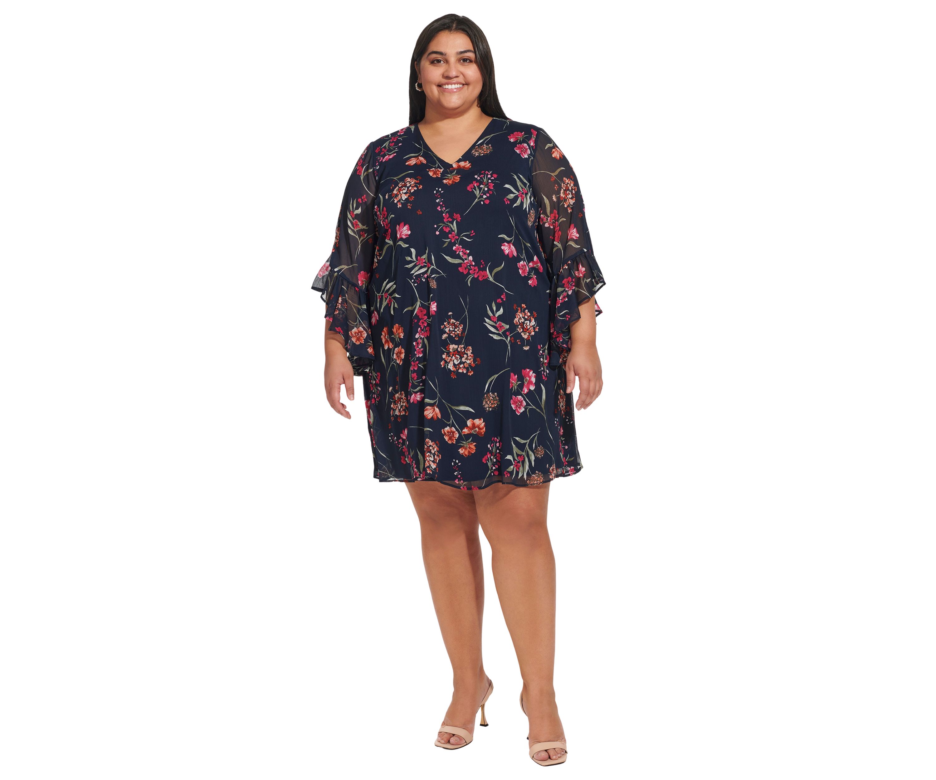 Plus Size Bell Sleeve V-neck Floral A-Line Dress