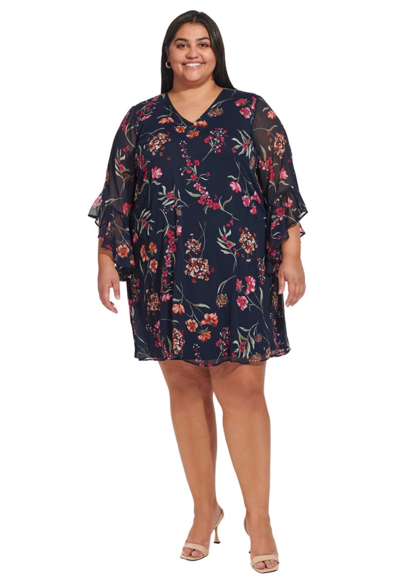 Plus Size Bell Sleeve V-neck Floral A-Line Dress