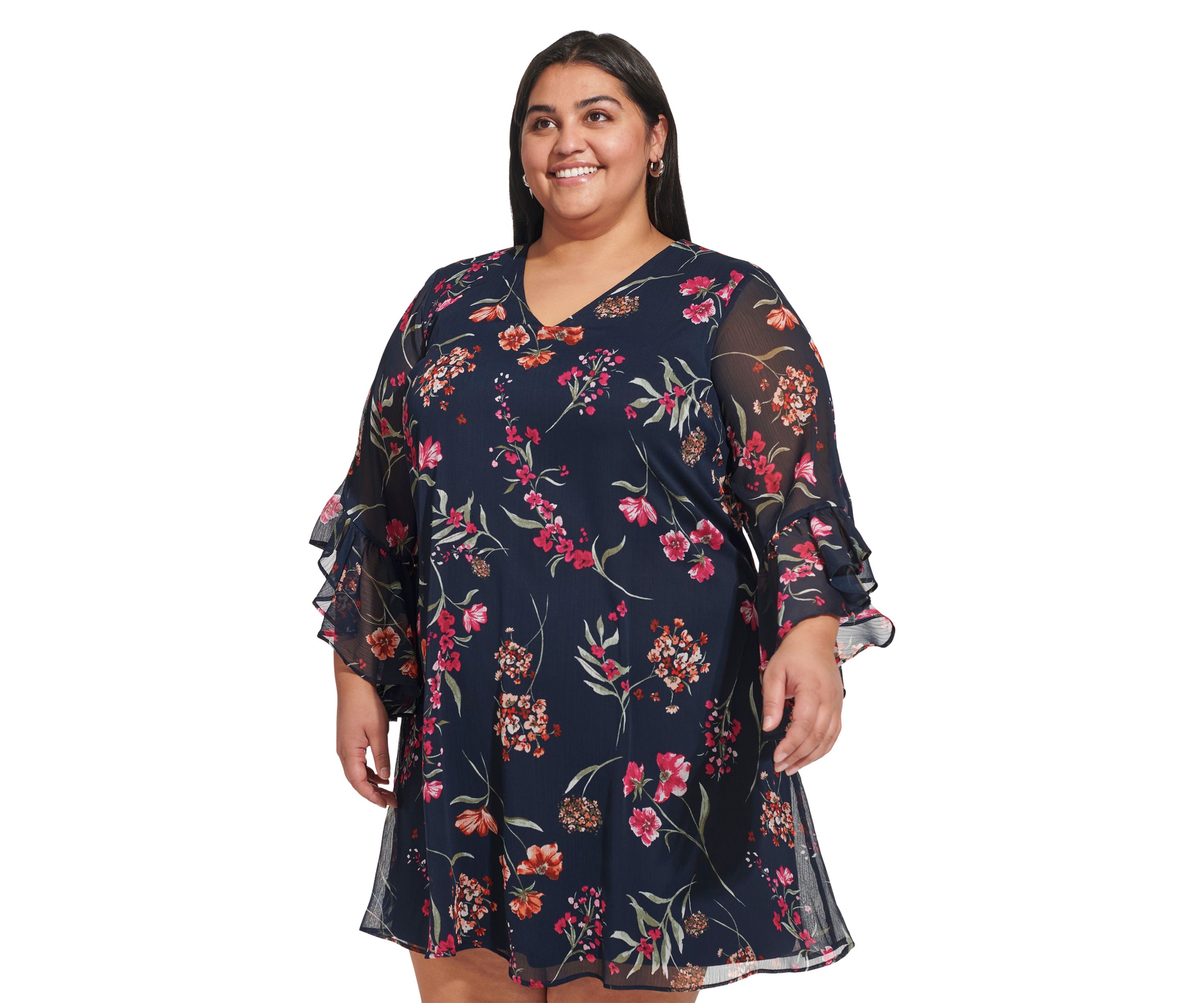 Plus Size Bell Sleeve V-neck Floral A-Line Dress