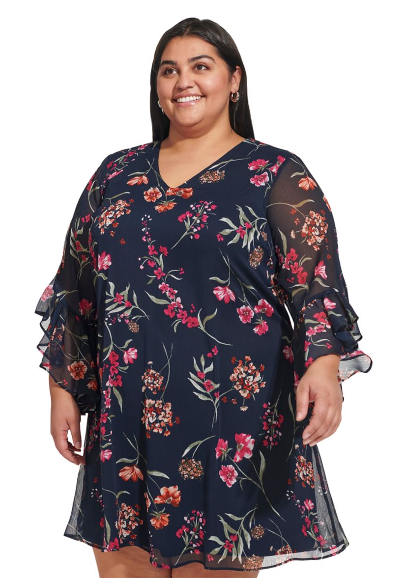 Plus Size Bell Sleeve V-neck Floral A-Line Dress