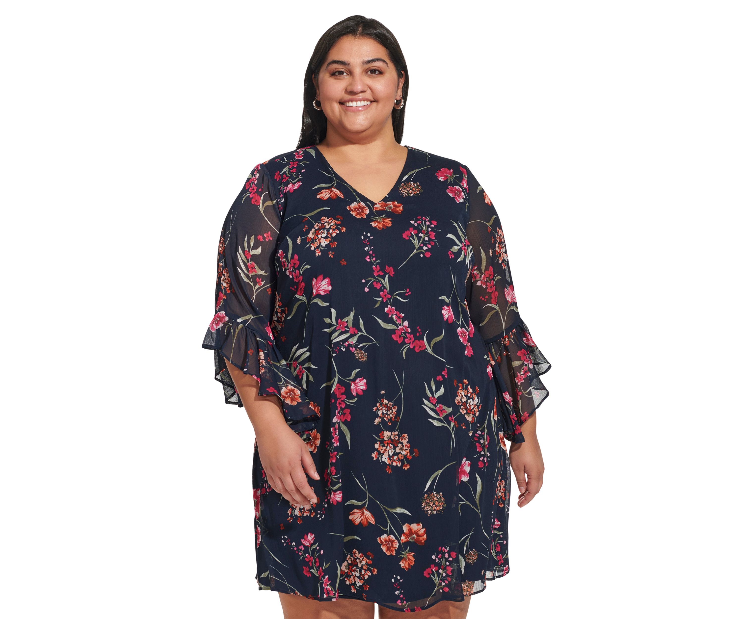 Plus Size Bell Sleeve V-neck Floral A-Line Dress