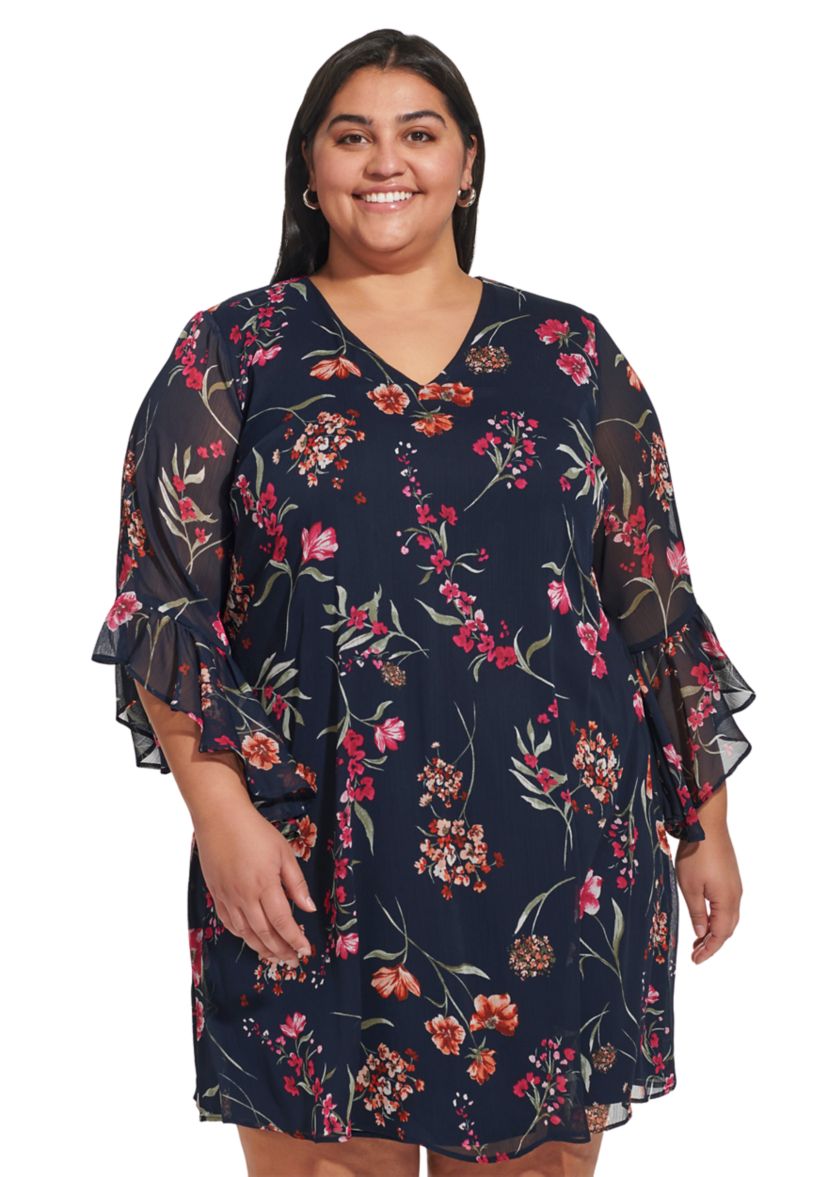 Plus Size Bell Sleeve V-neck Floral A-Line Dress