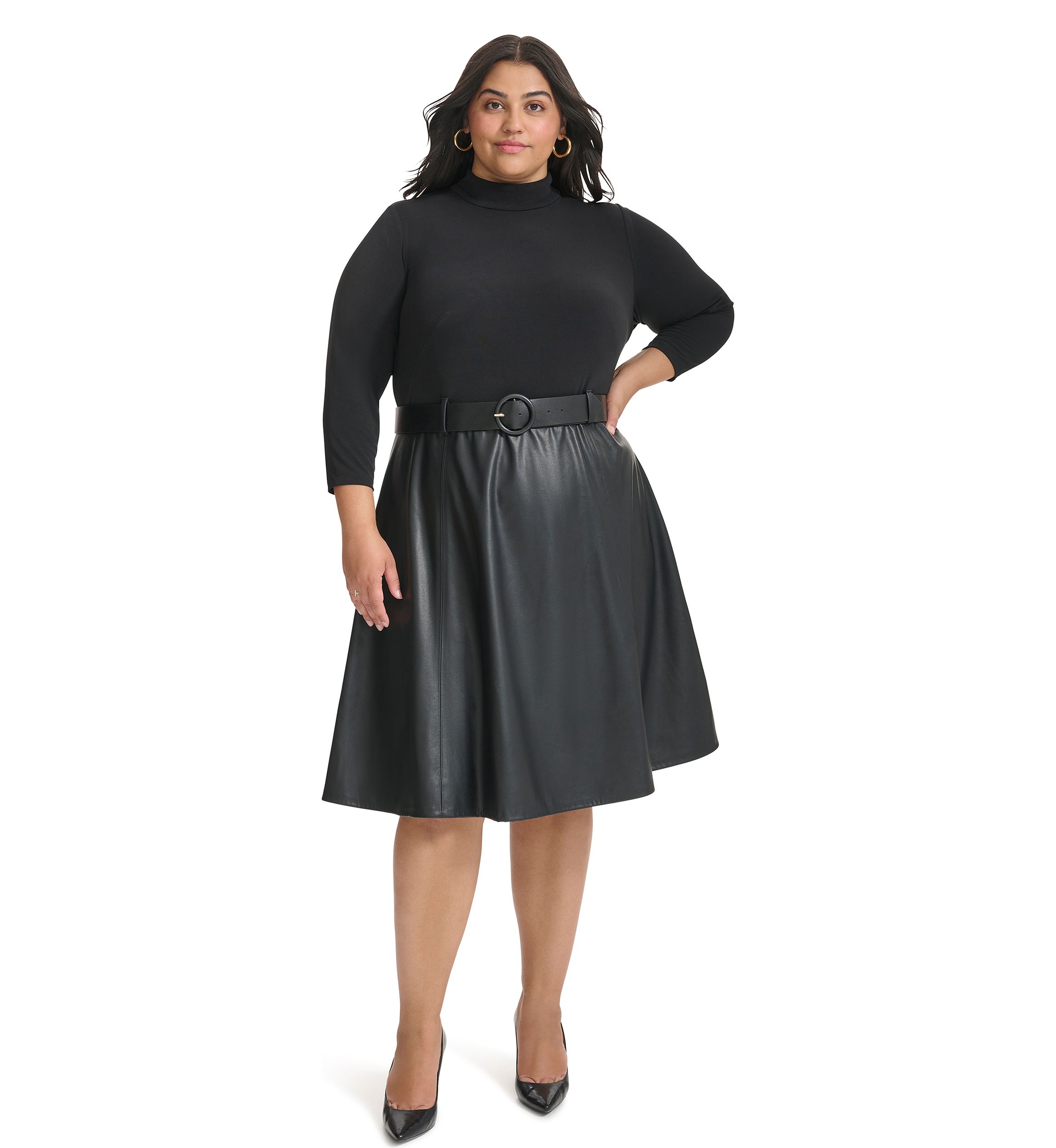 Plus Size Long Sleeve Solid Belted Fit and Flare Dress