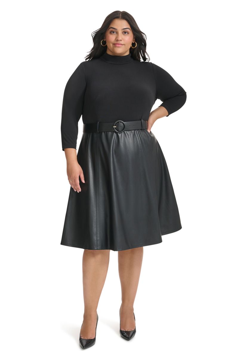 Plus Size Long Sleeve Solid Belted Fit and Flare Dress