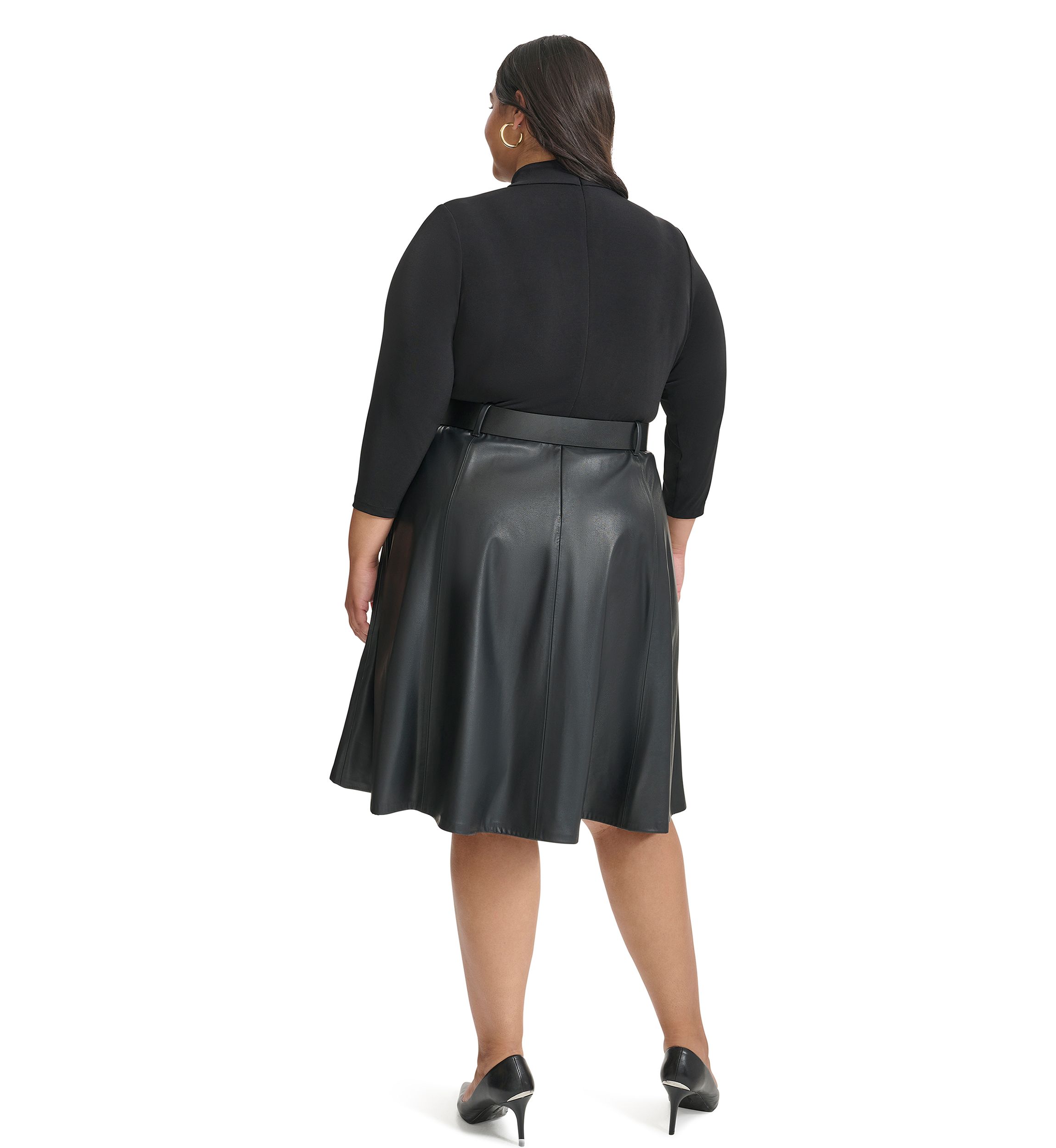Plus Size Long Sleeve Solid Belted Fit and Flare Dress