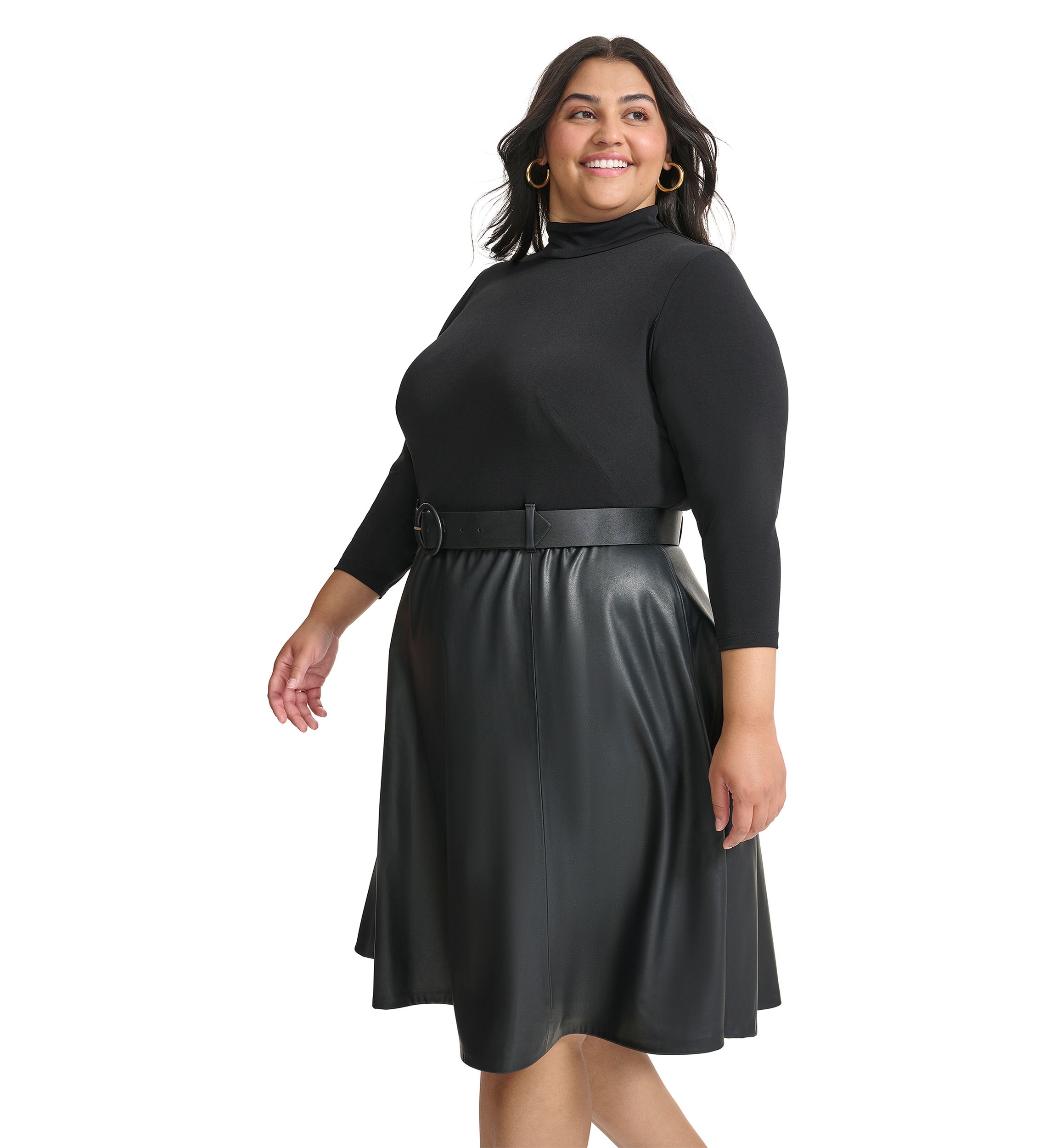 Plus Size Long Sleeve Solid Belted Fit and Flare Dress