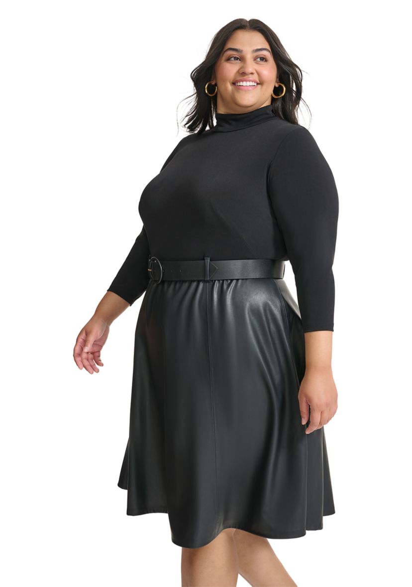 Plus Size Long Sleeve Solid Belted Fit and Flare Dress