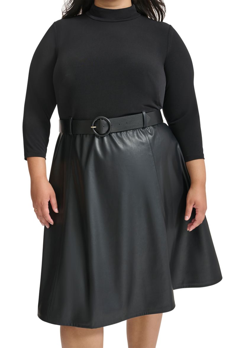 Plus Size Long Sleeve Solid Belted Fit and Flare Dress