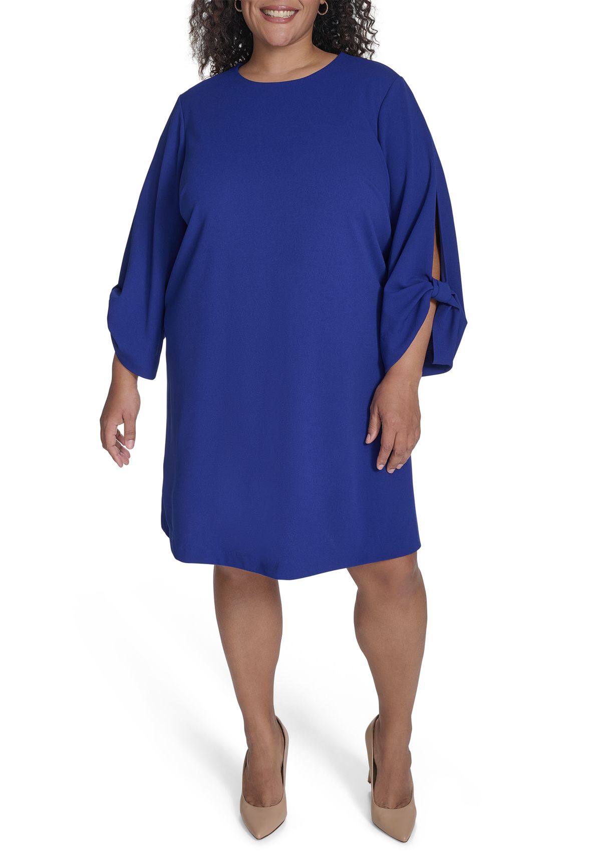 Plus Size Long Sleeve Crew Neck Solid Scuba Crepe A-Line Dress