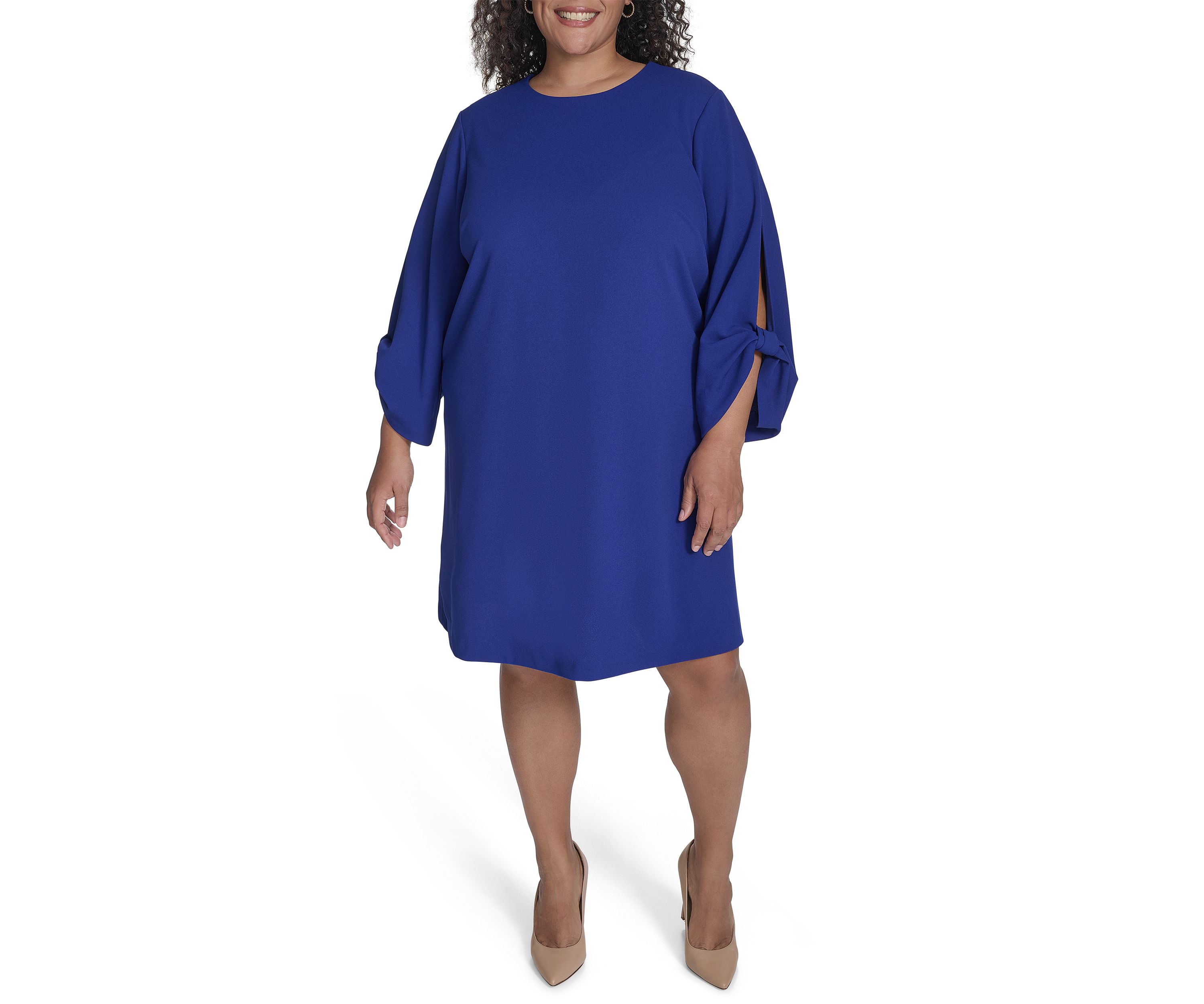 Plus Size Long Sleeve Crew Neck Solid Scuba Crepe A-Line Dress
