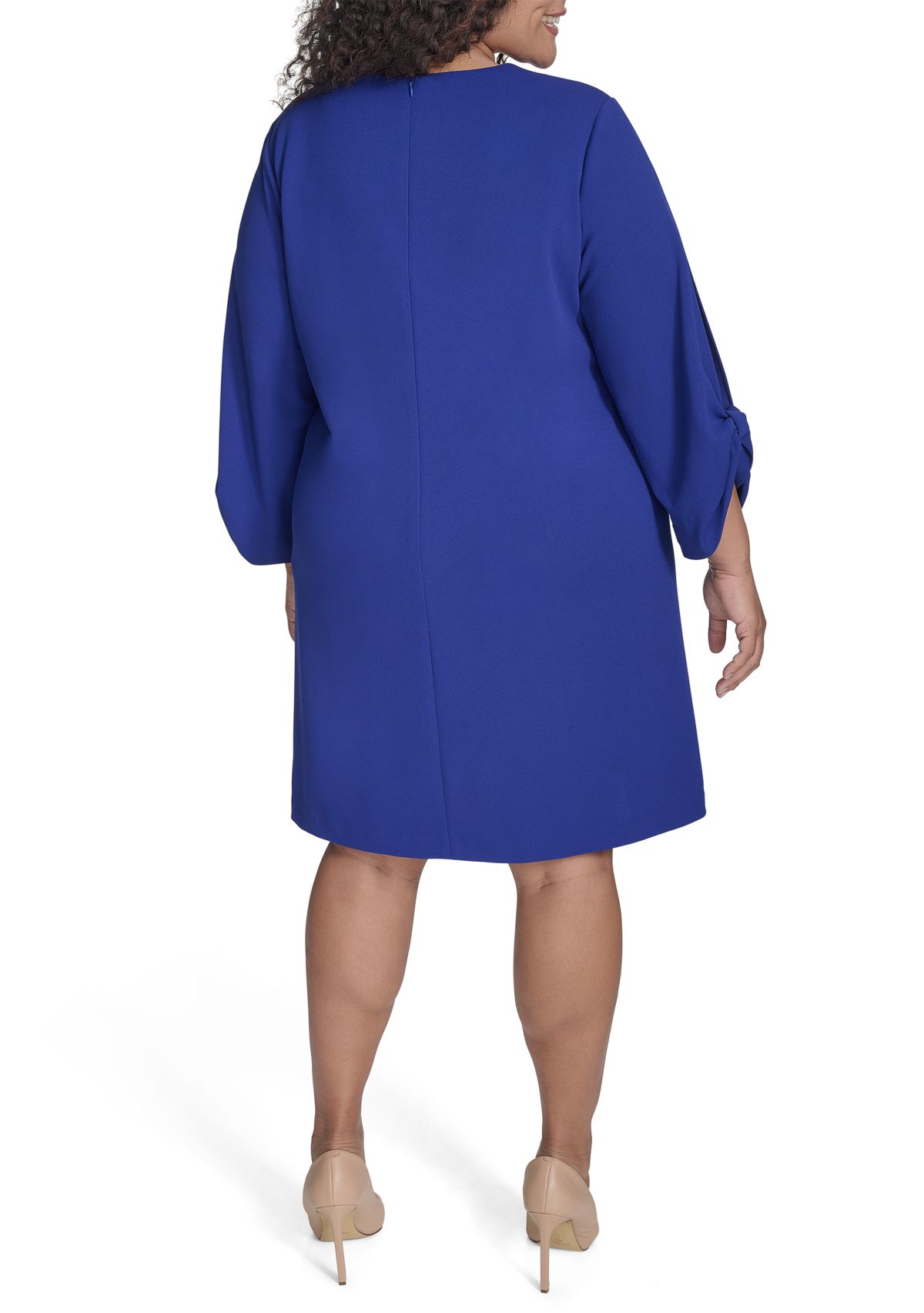 Plus Size Long Sleeve Crew Neck Solid Scuba Crepe A-Line Dress