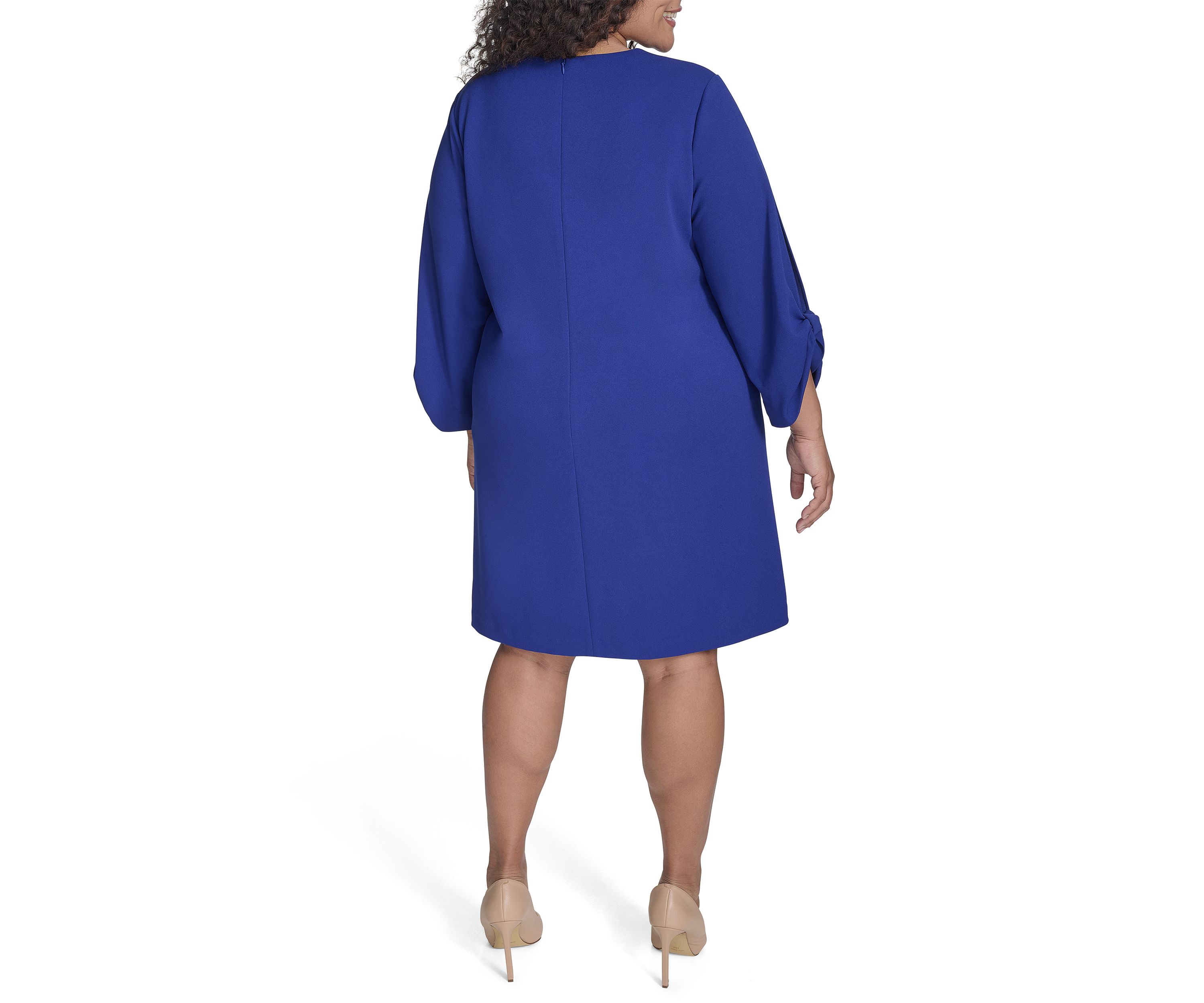 Plus Size Long Sleeve Crew Neck Solid Scuba Crepe A-Line Dress