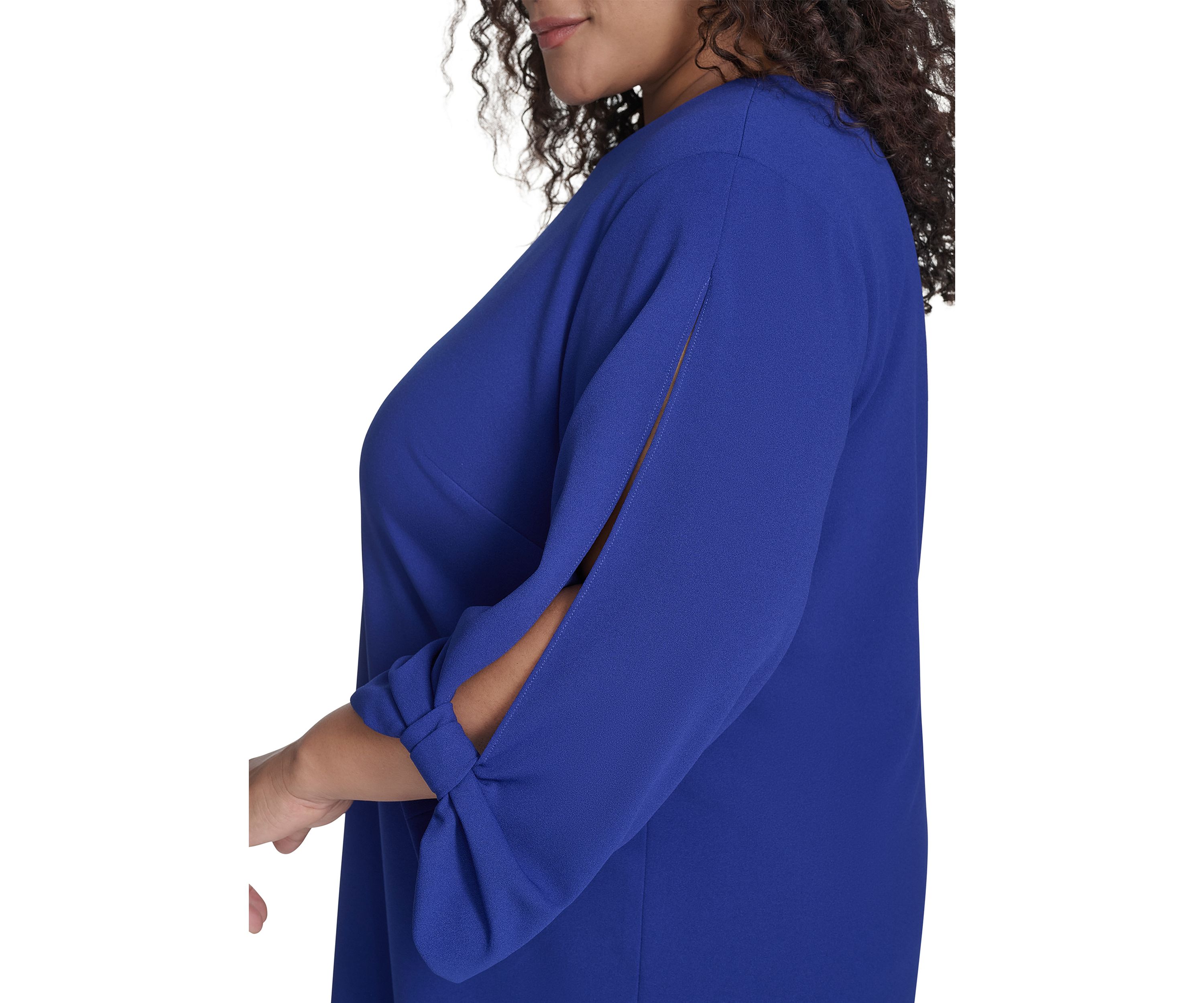 Plus Size Long Sleeve Crew Neck Solid Scuba Crepe A-Line Dress