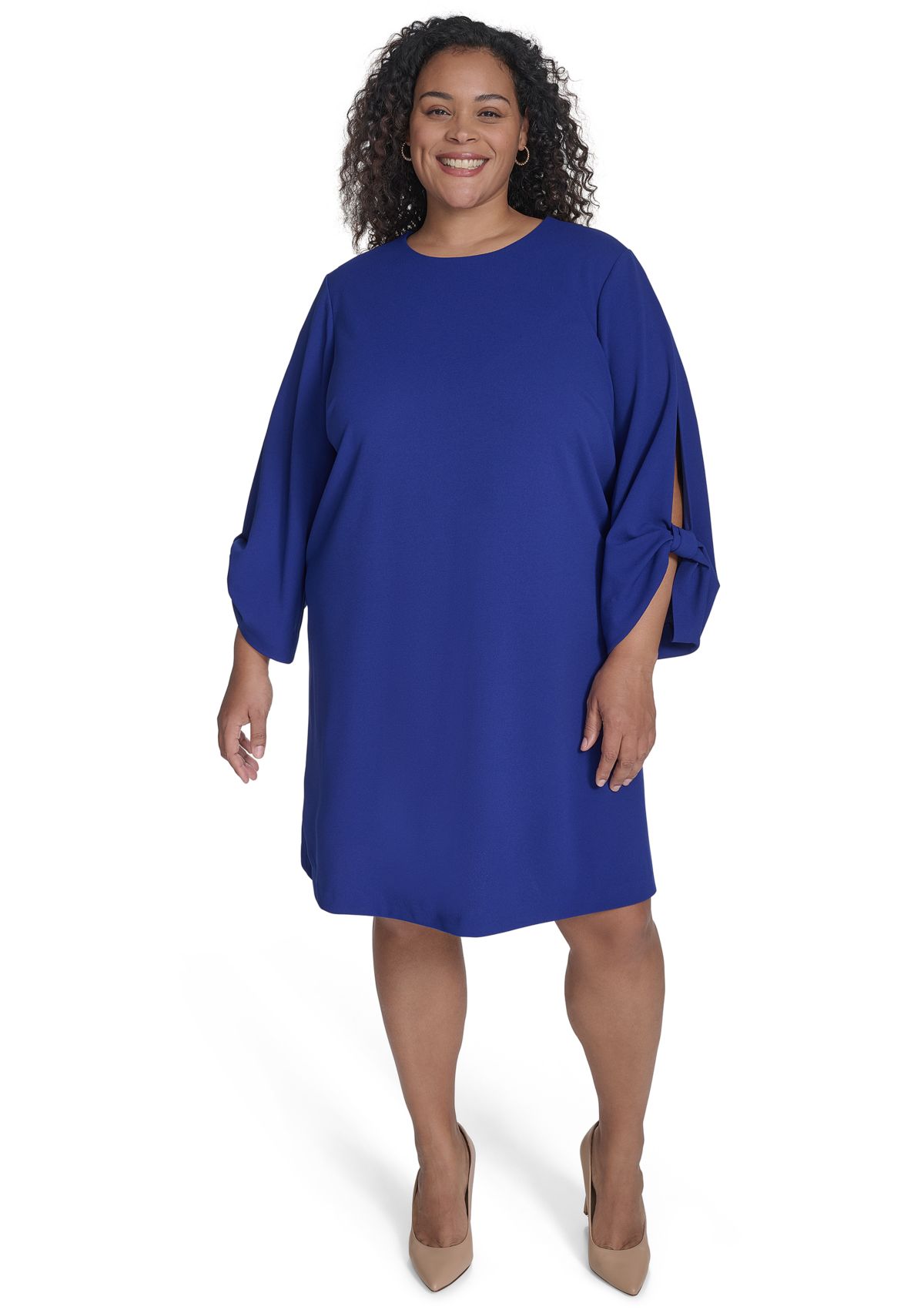 Plus Size Long Sleeve Crew Neck Solid Scuba Crepe A-Line Dress