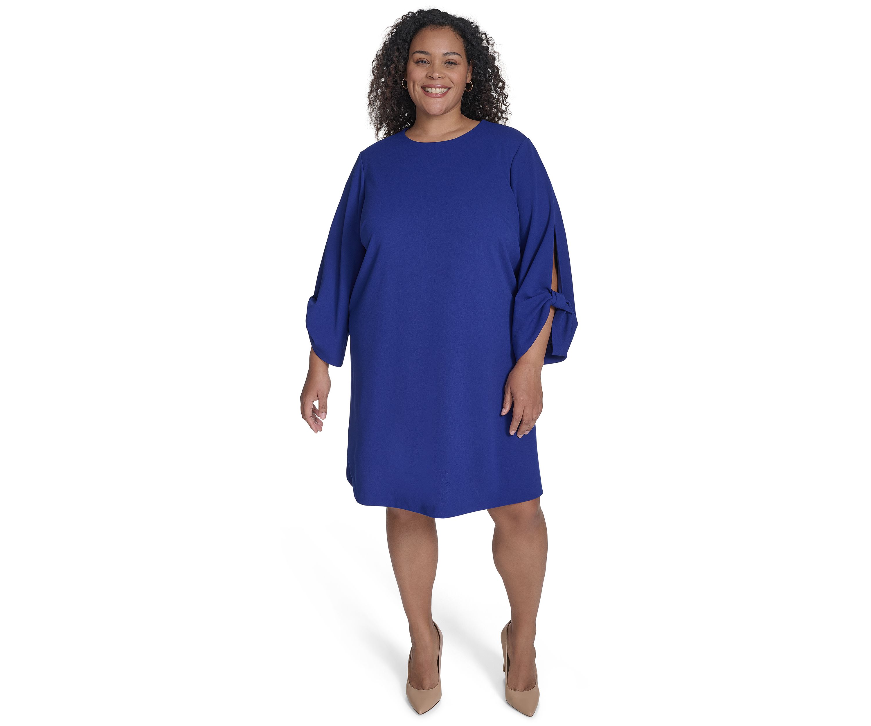 Plus Size Long Sleeve Crew Neck Solid Scuba Crepe A-Line Dress