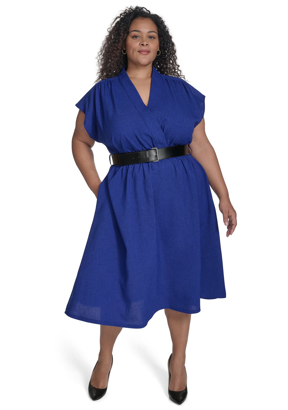 Plus Size Short Sleeve V-Neck Solid Belted Fit and Flare Dress