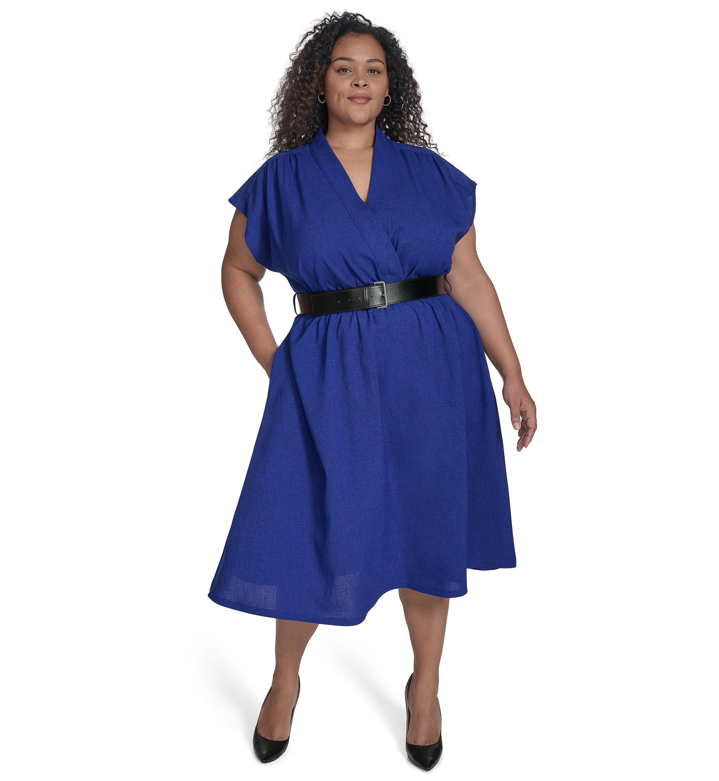 Plus Size Short Sleeve V-Neck Solid Belted Fit and Flare Dress