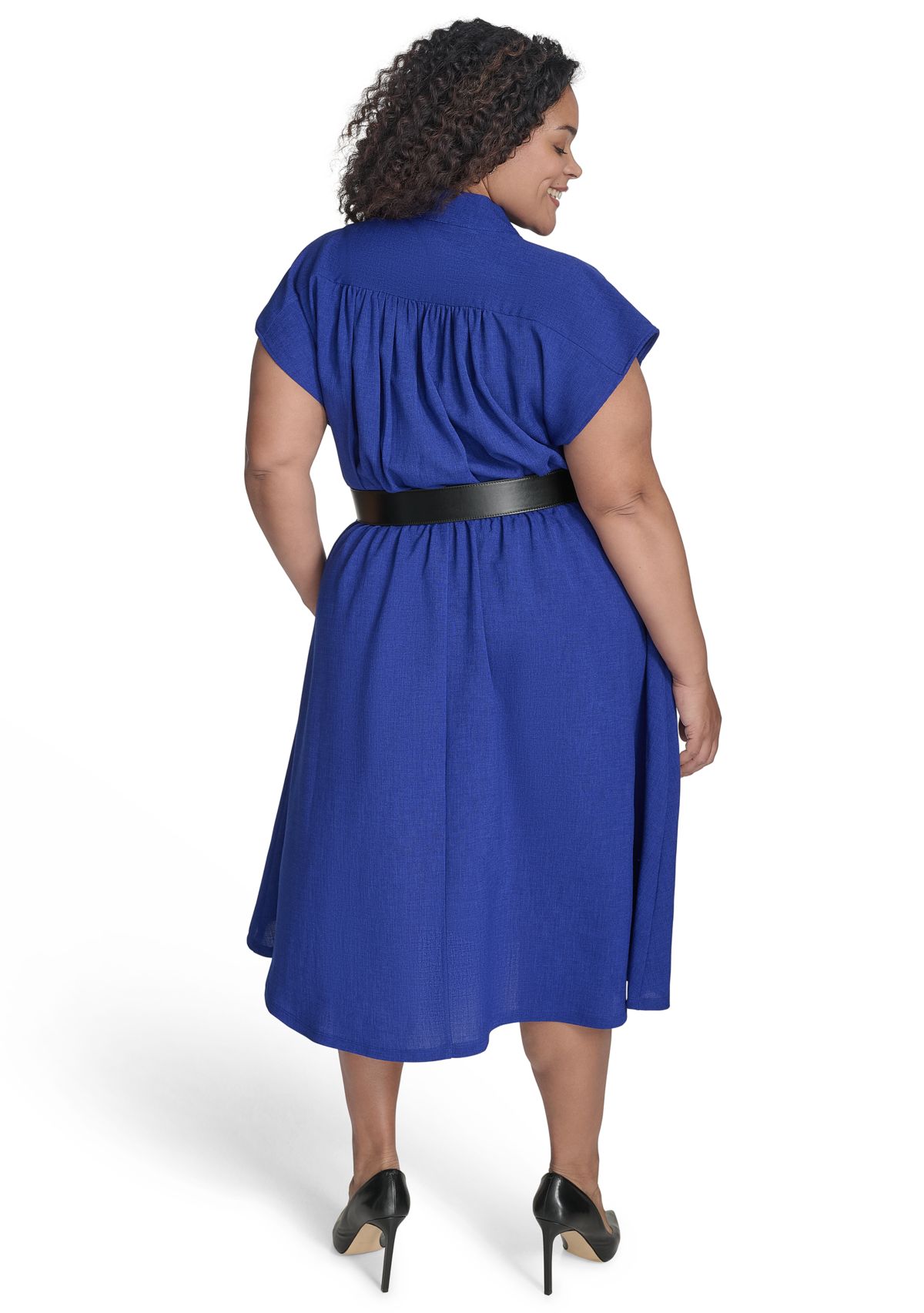 Plus Size Short Sleeve V-Neck Solid Belted Fit and Flare Dress