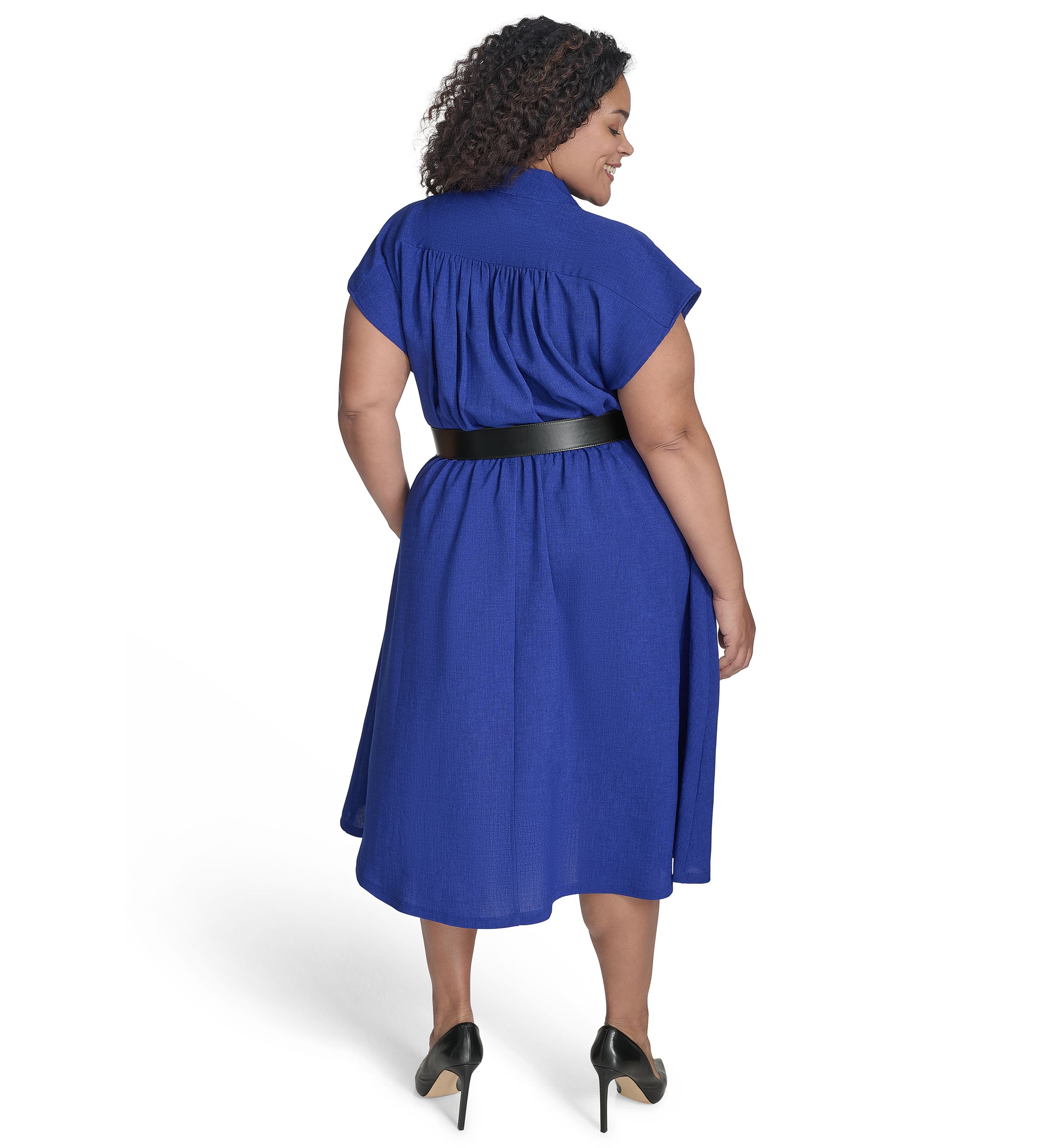 Plus Size Short Sleeve V-Neck Solid Belted Fit and Flare Dress
