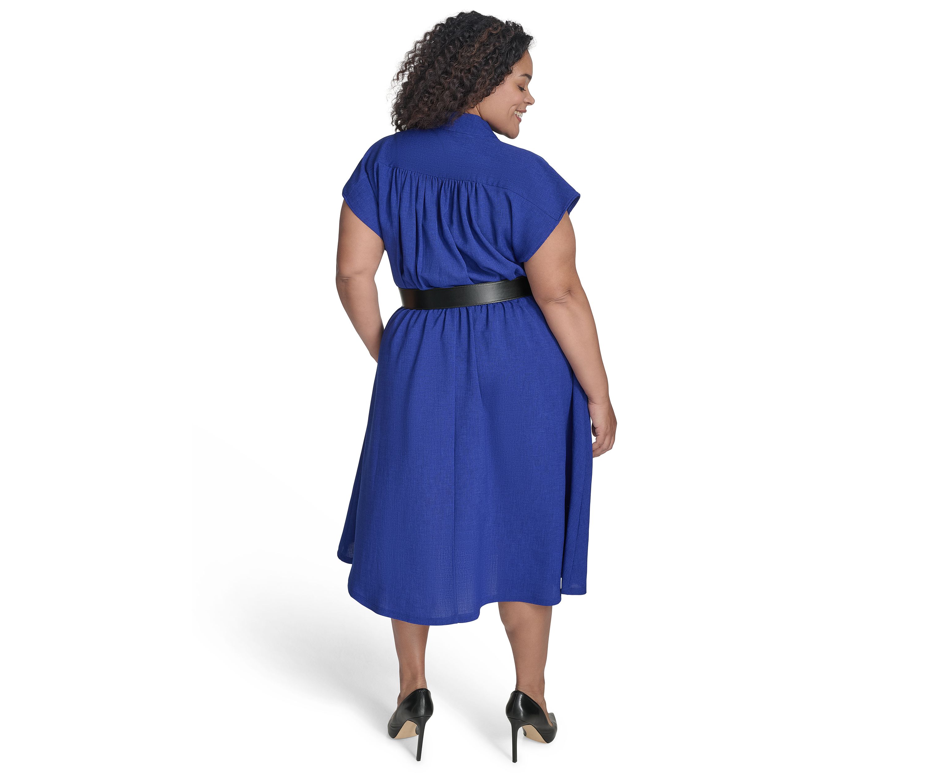 Plus Size Short Sleeve V-Neck Solid Belted Fit and Flare Dress
