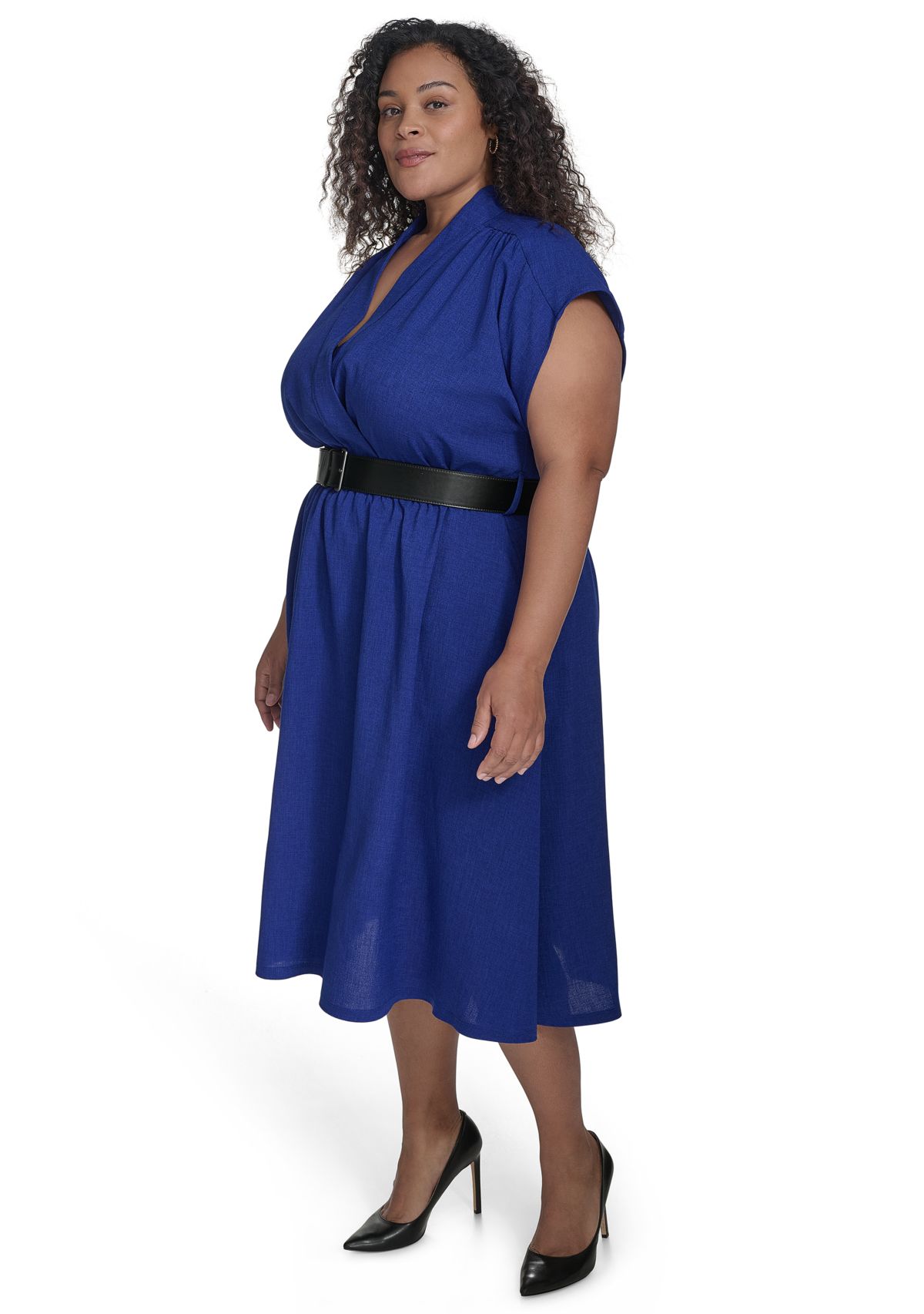 Plus Size Short Sleeve V-Neck Solid Belted Fit and Flare Dress