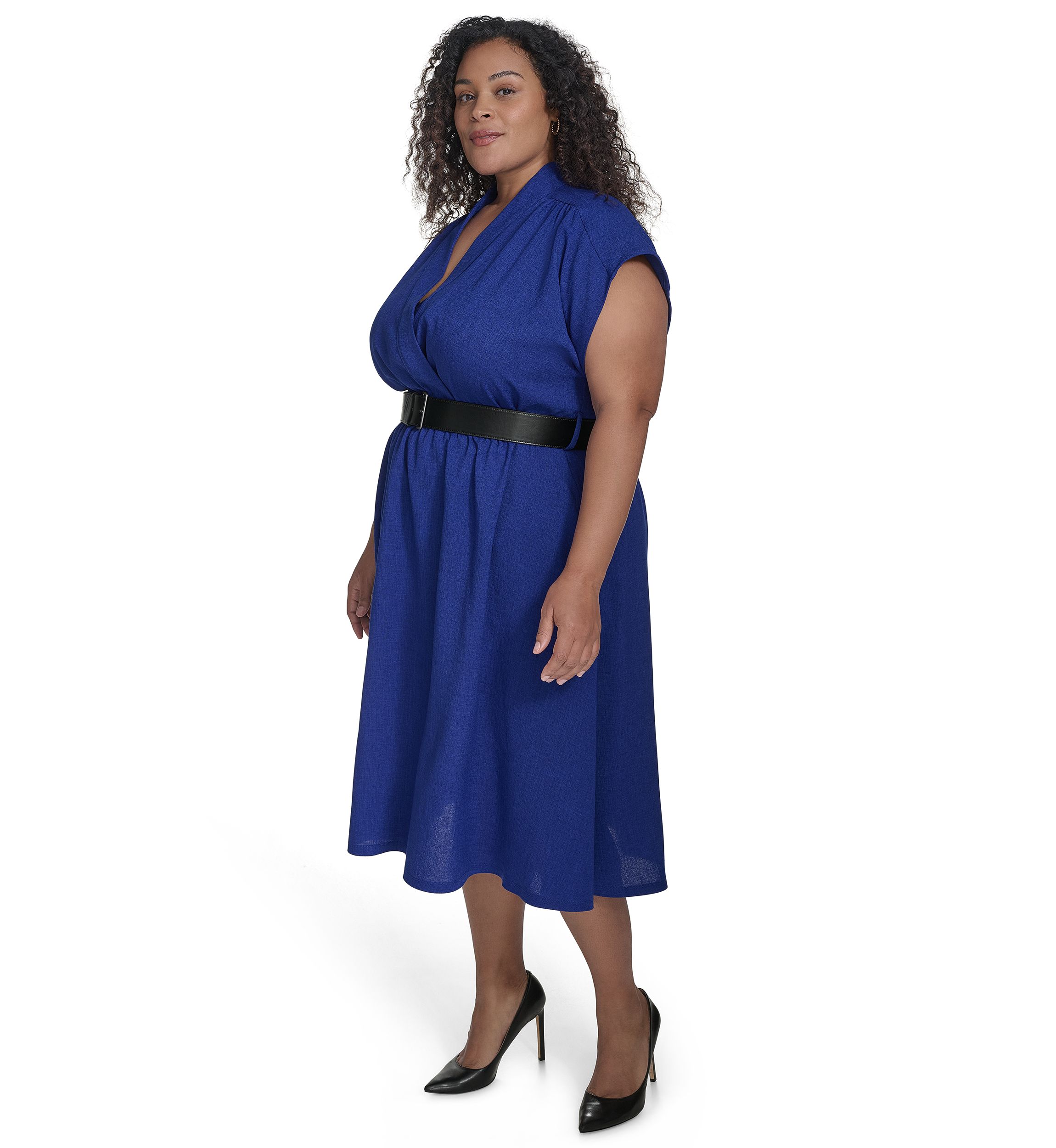 Plus Size Short Sleeve V-Neck Solid Belted Fit and Flare Dress