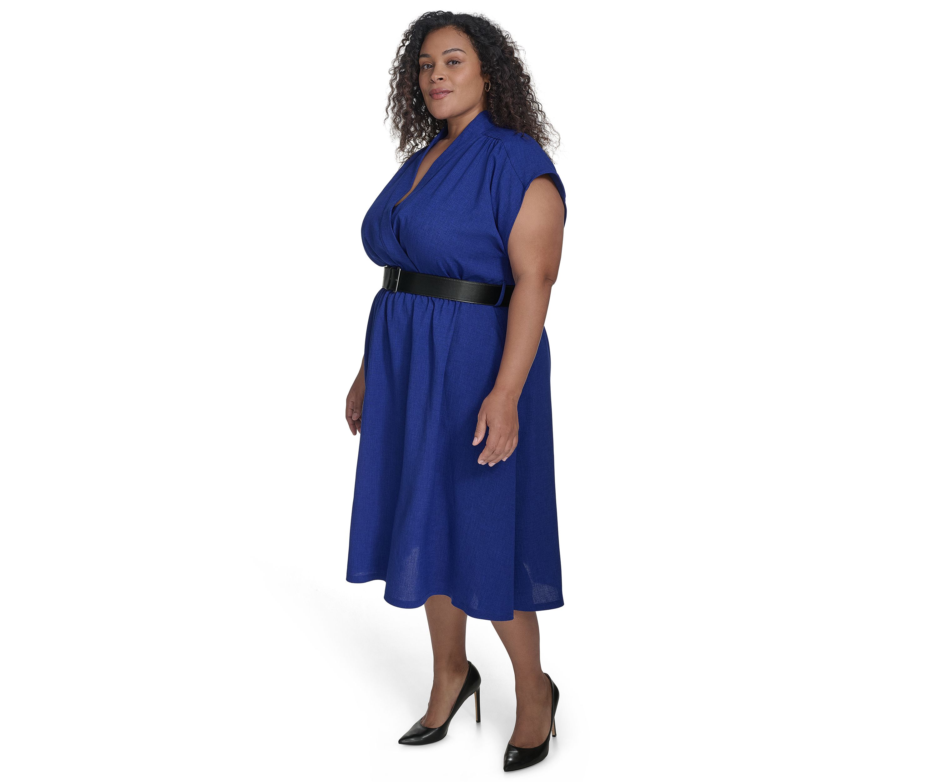 Plus Size Short Sleeve V-Neck Solid Belted Fit and Flare Dress