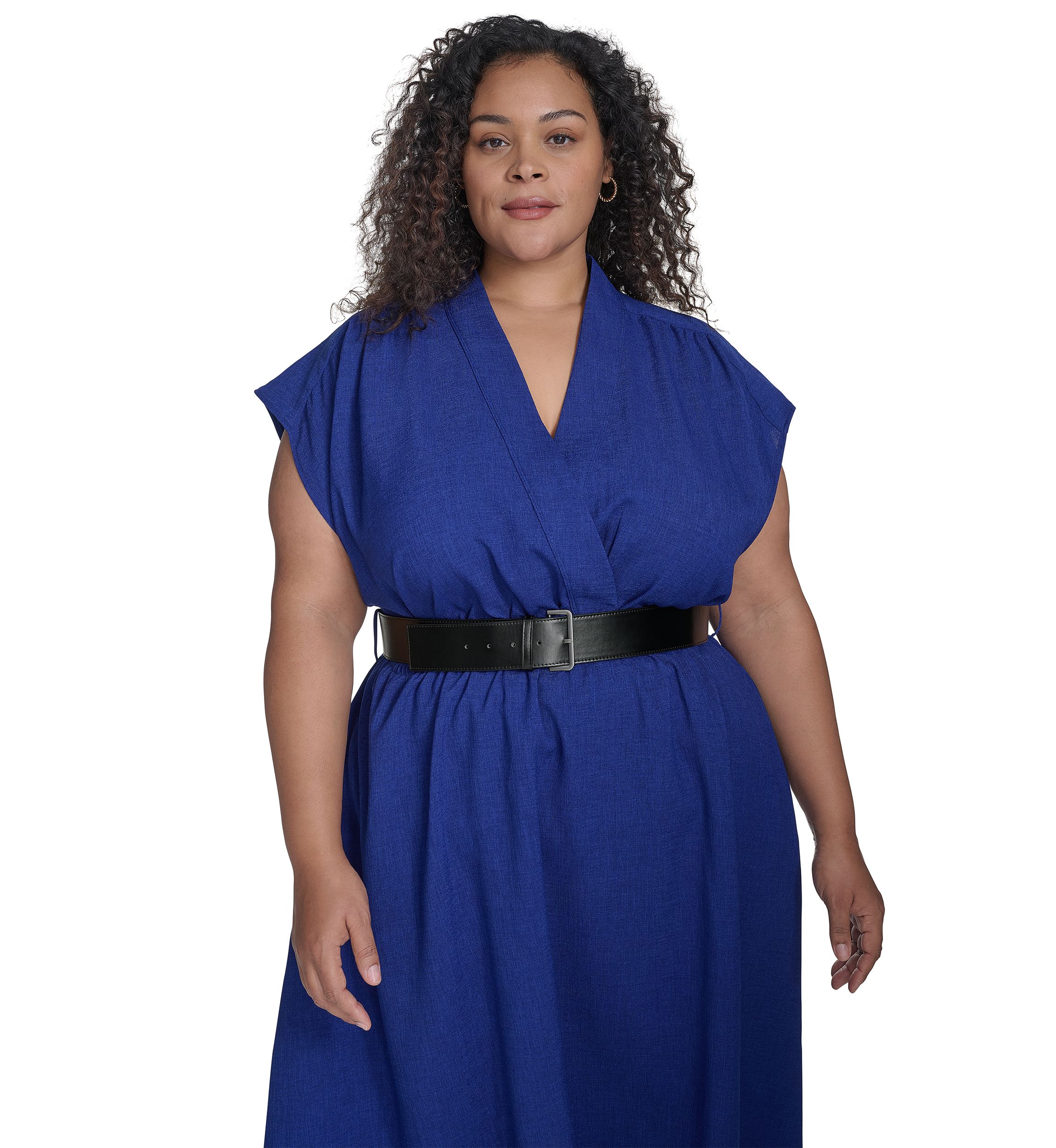 Plus Size Short Sleeve V-Neck Solid Belted Fit and Flare Dress