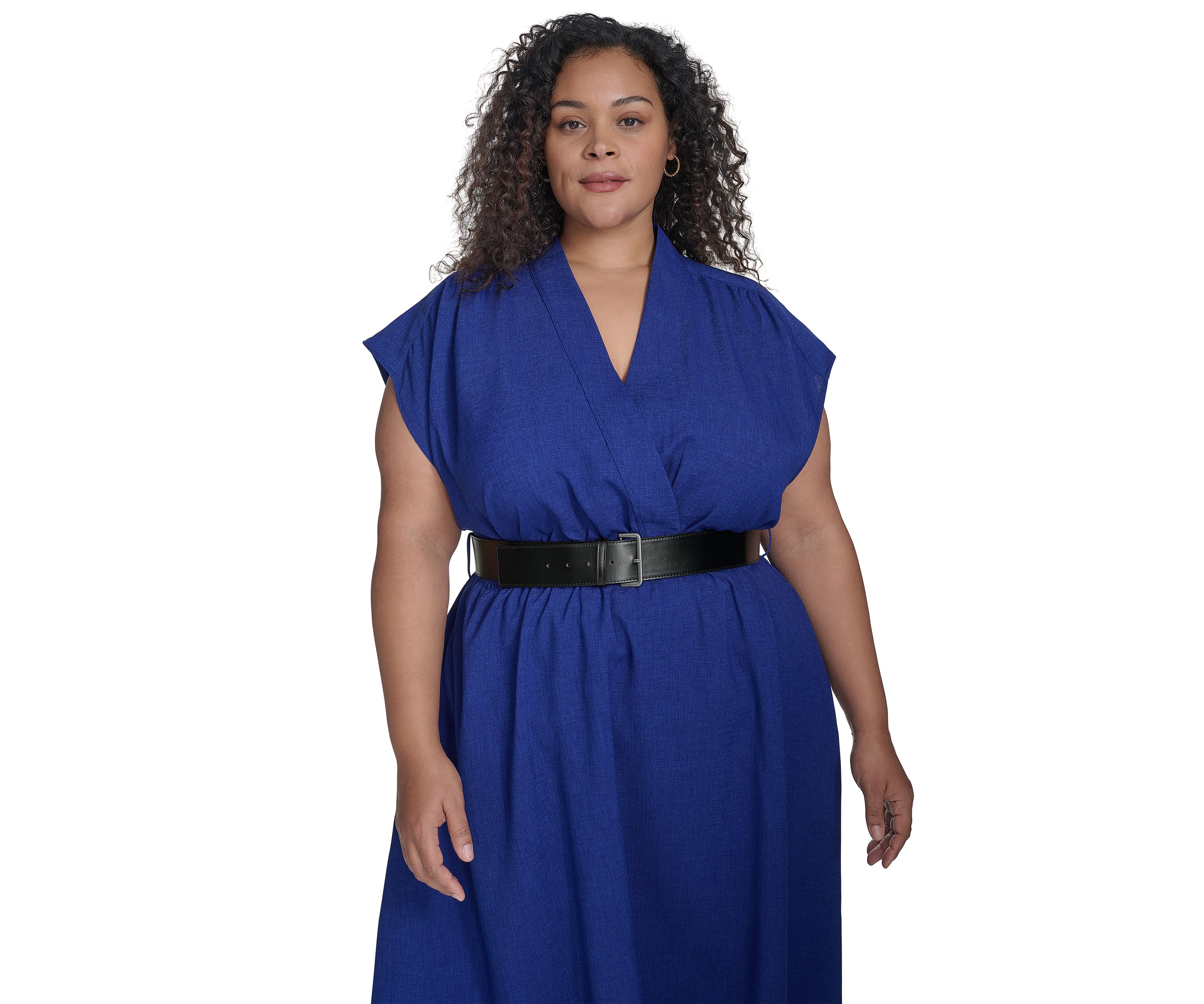 Plus Size Short Sleeve V-Neck Solid Belted Fit and Flare Dress
