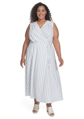 Calvin Klein Women's Plus Size Sleeveless V-Neck Printed Fit and Flare Dress, Blue, 16W