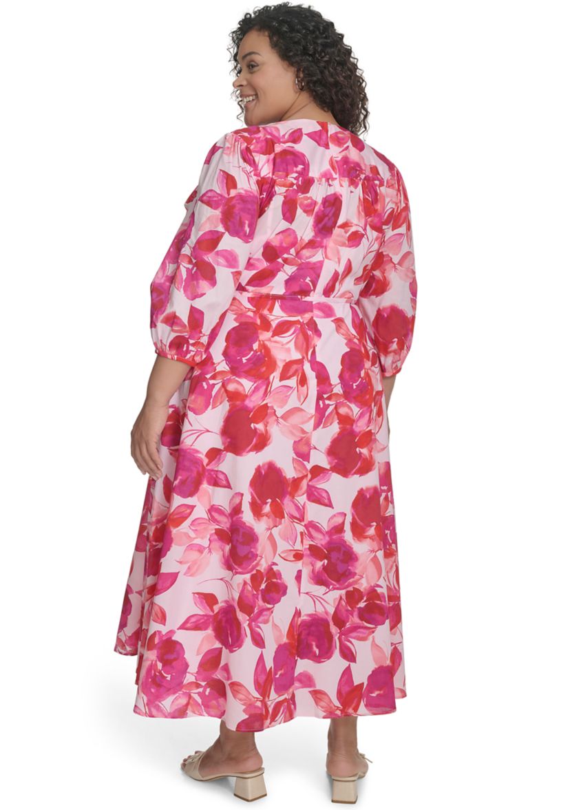 Plus Size Floral Printed Chiffon Fit and Flare Dress