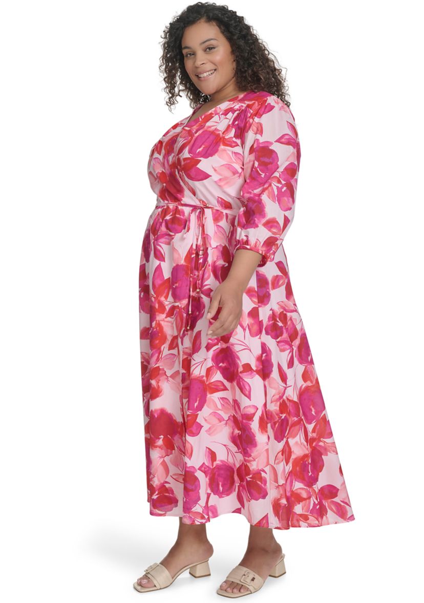 Plus Size Floral Printed Chiffon Fit and Flare Dress