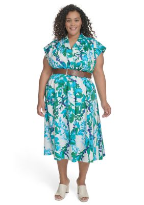 Calvin Klein Women's Plus Size Short Sleeve V-Neck Floral Print Belted Fit and Flare Dress, 14W