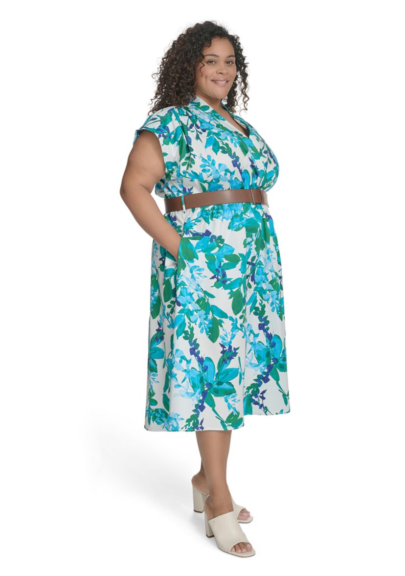 Plus Size Short Sleeve V-Neck Floral Print Belted Fit and Flare Dress