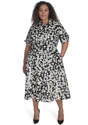 Calvin Klein Women's Plus Size Short Sleeve V-Neck Floral Print Fit and Flare Dress, 14W