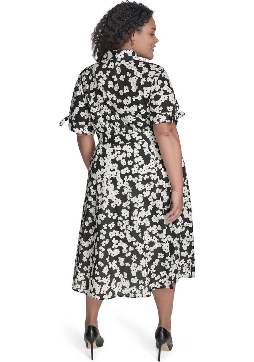 Plus Size Short Sleeve V-Neck Floral Print Fit and Flare Dress
