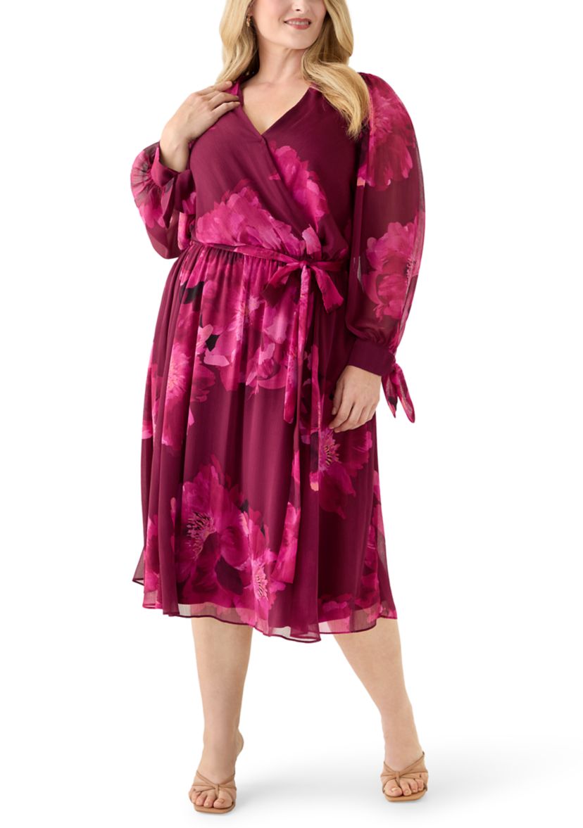 Plus Size Long Sleeve Floral Print Midi Dress