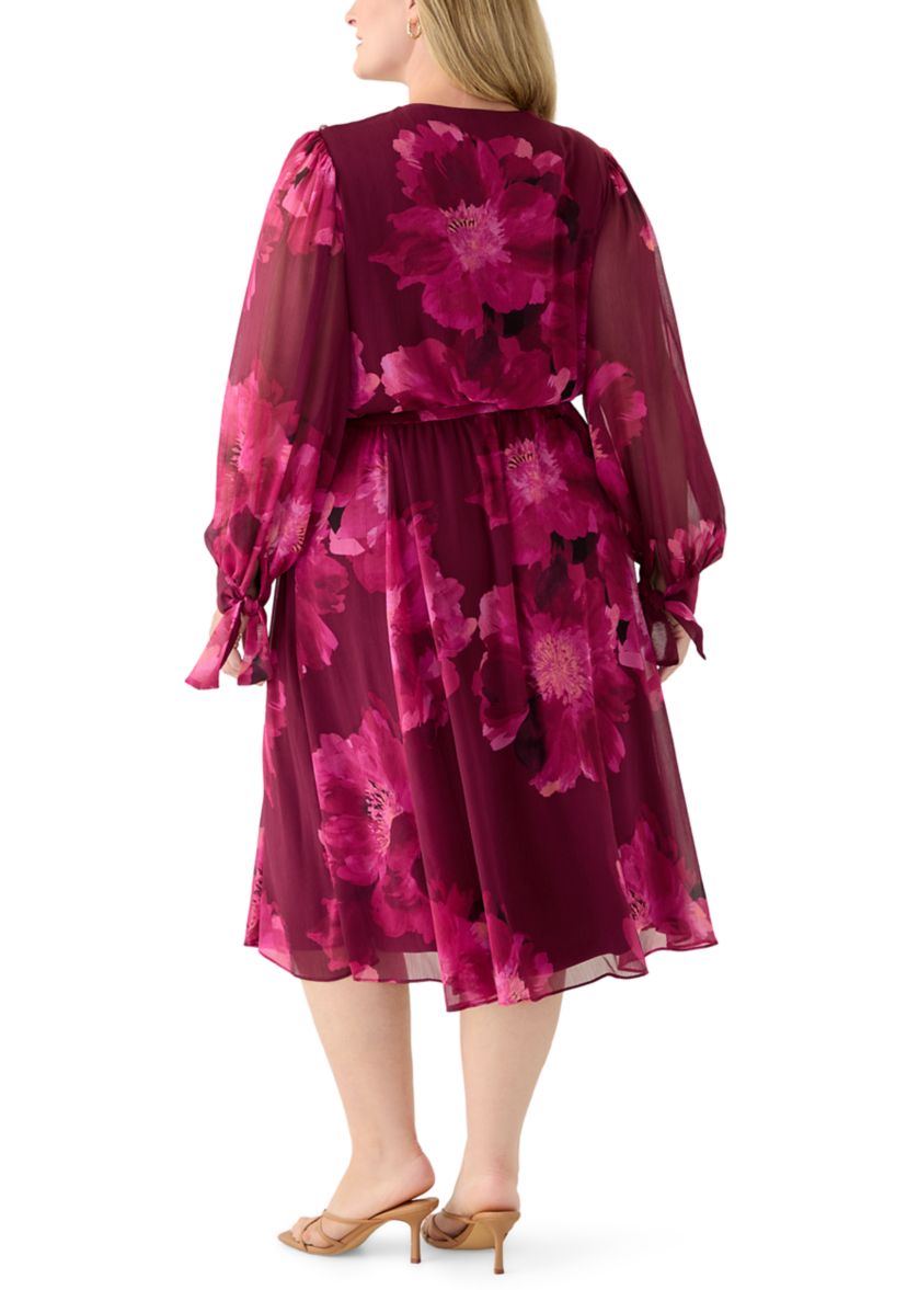 Plus Size Long Sleeve Floral Print Midi Dress