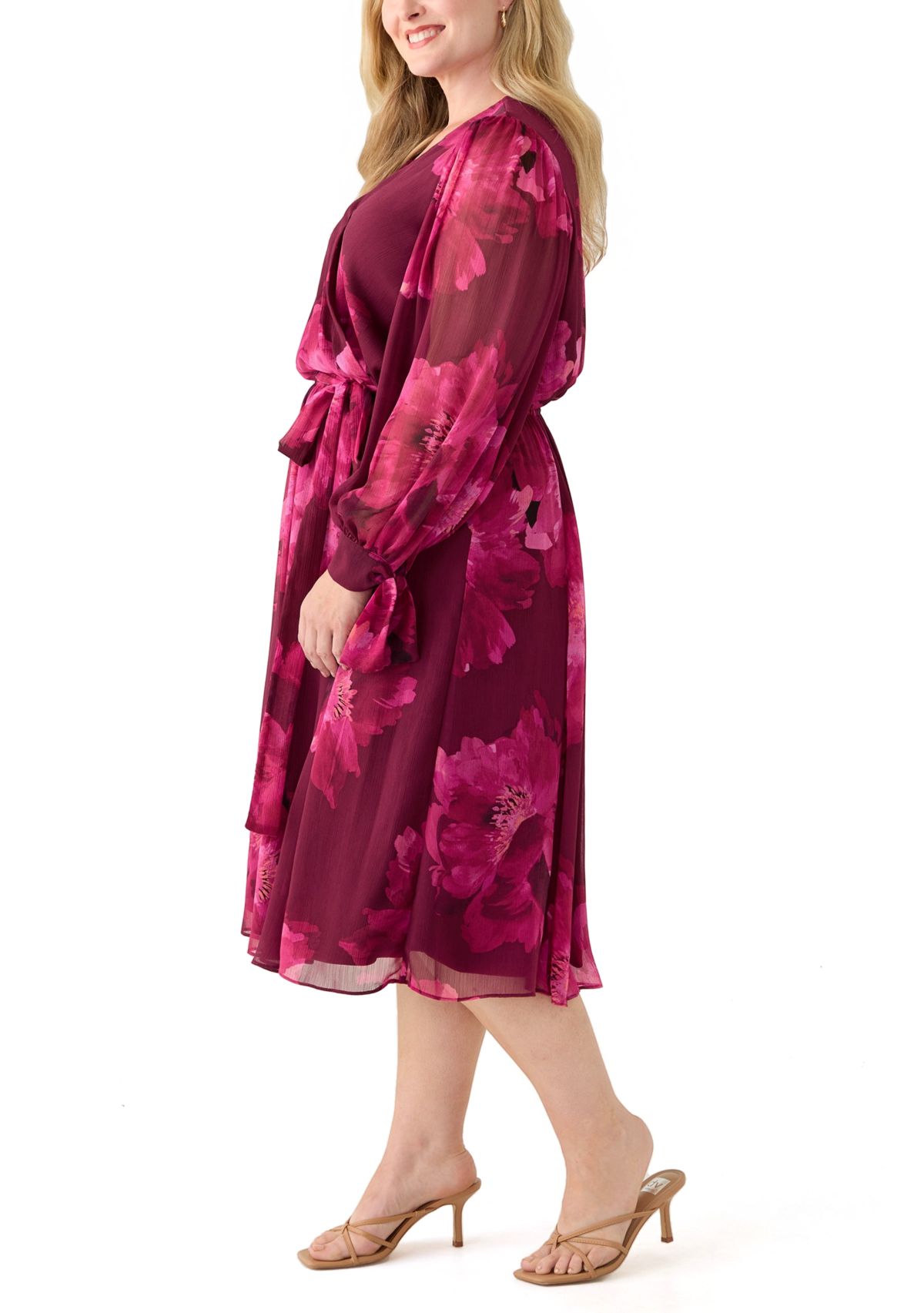 Plus Size Long Sleeve Floral Print Midi Dress