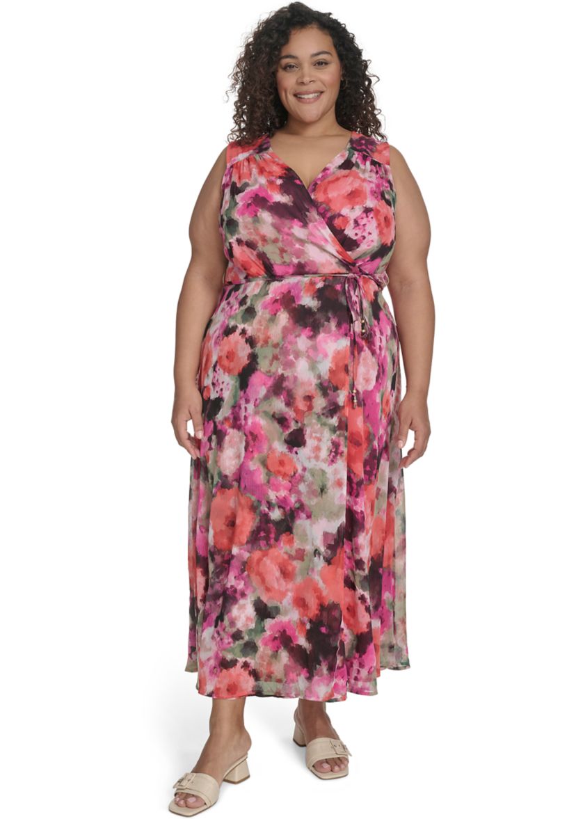 Plus Size V-Neck Floral Printed Fit and Flare Dress